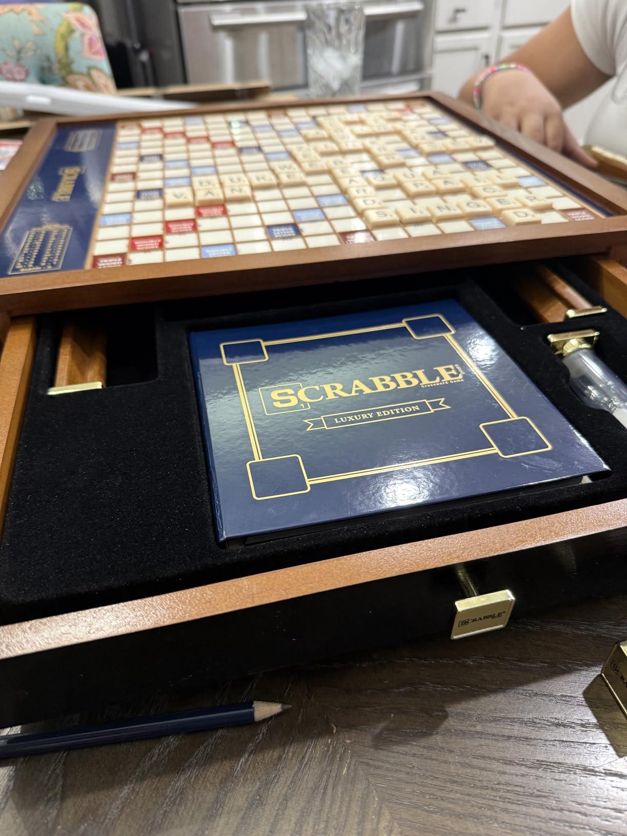 Scrabble Trophy Edition by WS Game Company | Deluxe Rotating Wooden Game Cabinet with Integrated Storage, Raised Letter Tile Grid, and Faux-Ivory Tiles | Premium Collector's Game Set for 2-4 Players customer photo 1