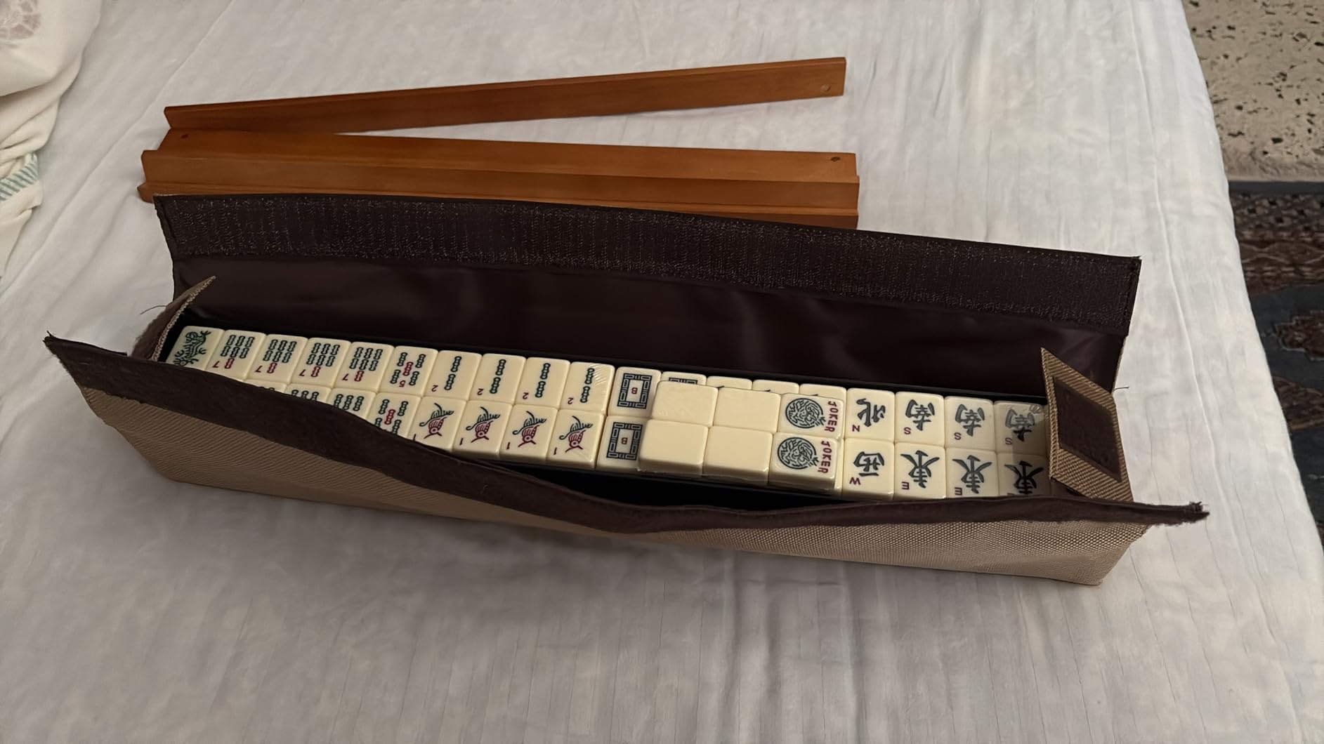 Yellow Mountain Imports American Mahjong Set, Mojave (Ivory) with Brown Soft Case, All-in-One Racks with Pushers, Wright Patterson Scoring Coins, Dice, & Wind Indicator customer photo 1