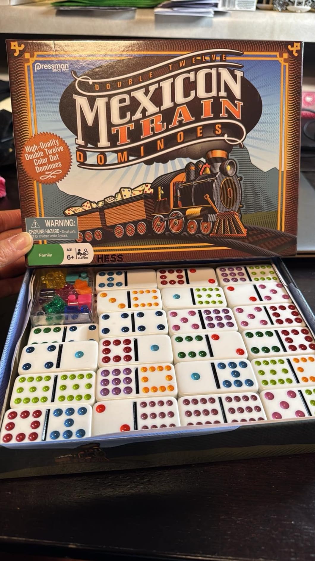 Mexican Train Dominoes - Beautiful Color Dot Double 12 Dominoes Set - Includes Train Markers and Hub by Pressman Multi Color, 5