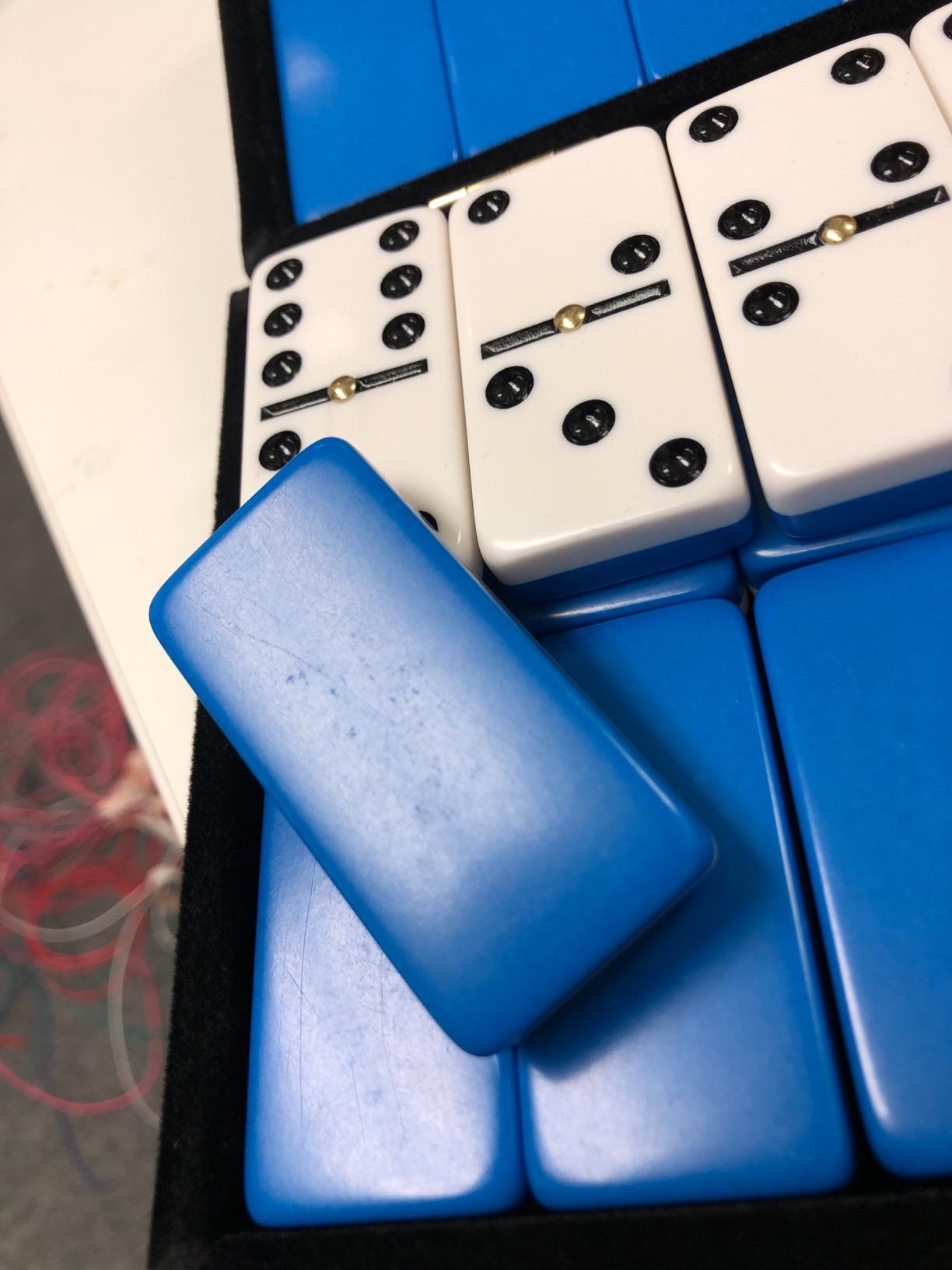 Marion Domino Double 6 Blue & White Two Tone Jumbo Tournament Professional Size with Spinners in Elegant Black Velvet Case customer photo 2