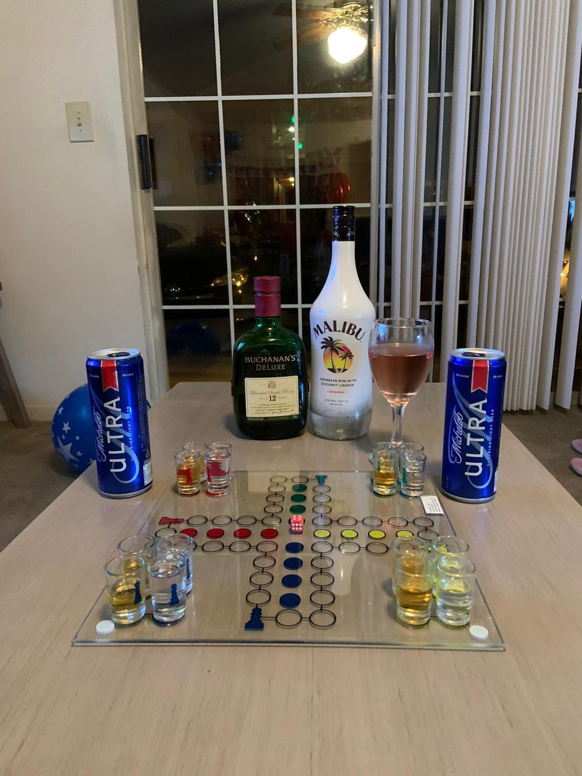Ludo Drinking Game (Parcheesi) with 16 Shot Glasses, 2 Dice & Glass Game Board customer photo 2