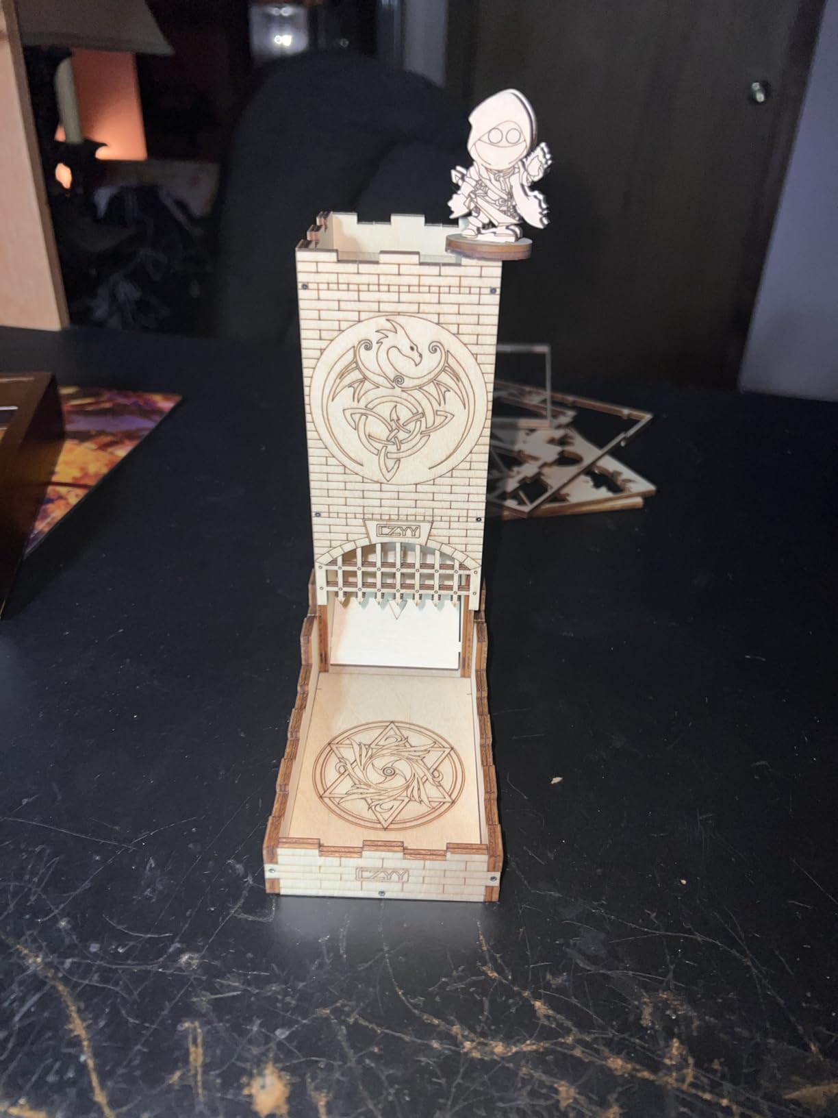 CZYY Castle Dice Tower with Tray Wood Laser Cut Dragon Carving Easy Roller Perfect for Board Game, D&D and RPG (Castle) customer photo 2