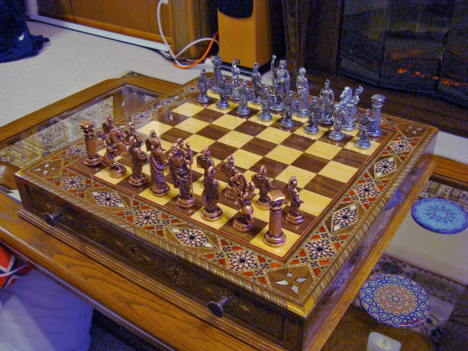 Metal Chess Set for Adult Historical Antique Copper Rome Figures Handmade Pieces and Natural Solid Wooden Chess Board with Original Pearl Around Board and Storage Inside King 4 inc customer photo 2