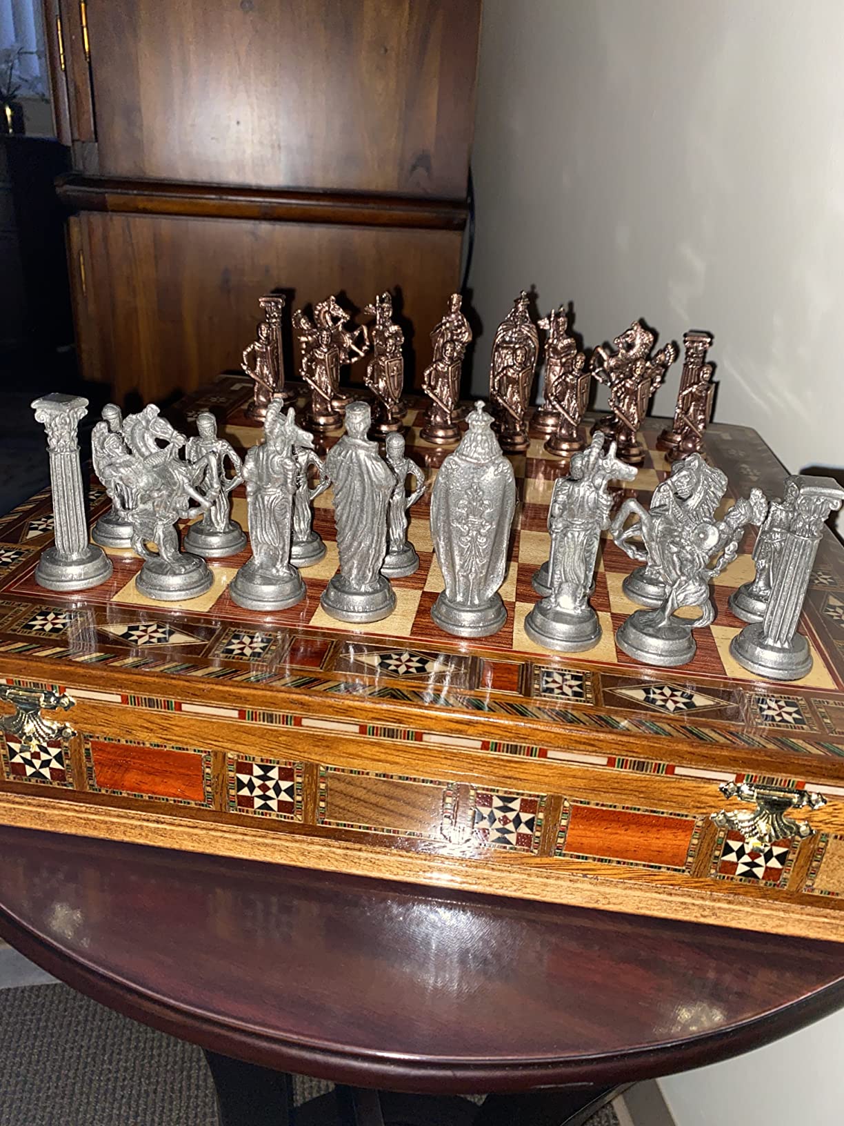 Egypt Pharaoh Antique Copper Figures Metal Chess Set for Adults Handmade Pieces and Natural Solid Wooden Chess Board with Pearl Design Around Board and Storage Inside King 3.4in customer photo 2