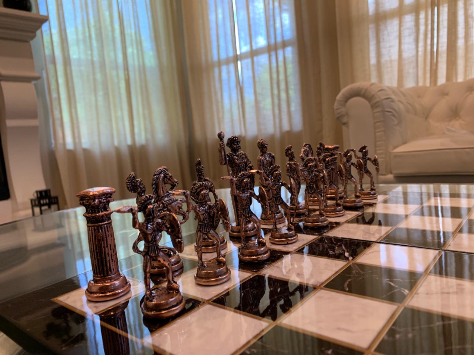 Historical Antique Copper Rome Figures Metal Chess Set for Adults, Handmade Pieces and Marble Design Wood Chess Board King 4 inc customer photo 2
