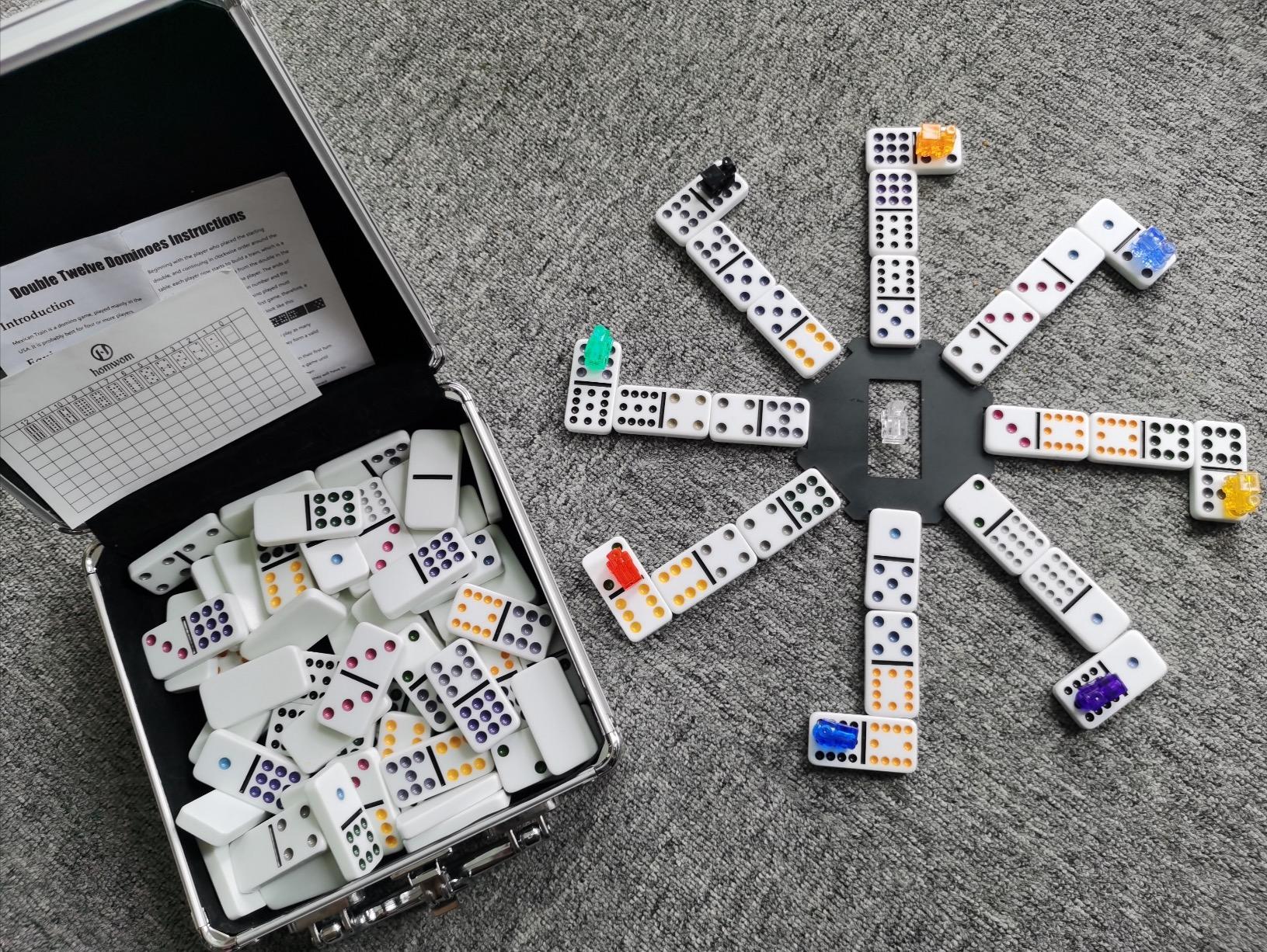 Homwom Double 12 Colored Dot Dominoes Mexican Train Game Set, 91 Tiles Dot Dominoes with 9 Trains, Scoreboard, Octagon Shape Hub and Aluminum Case customer photo 2