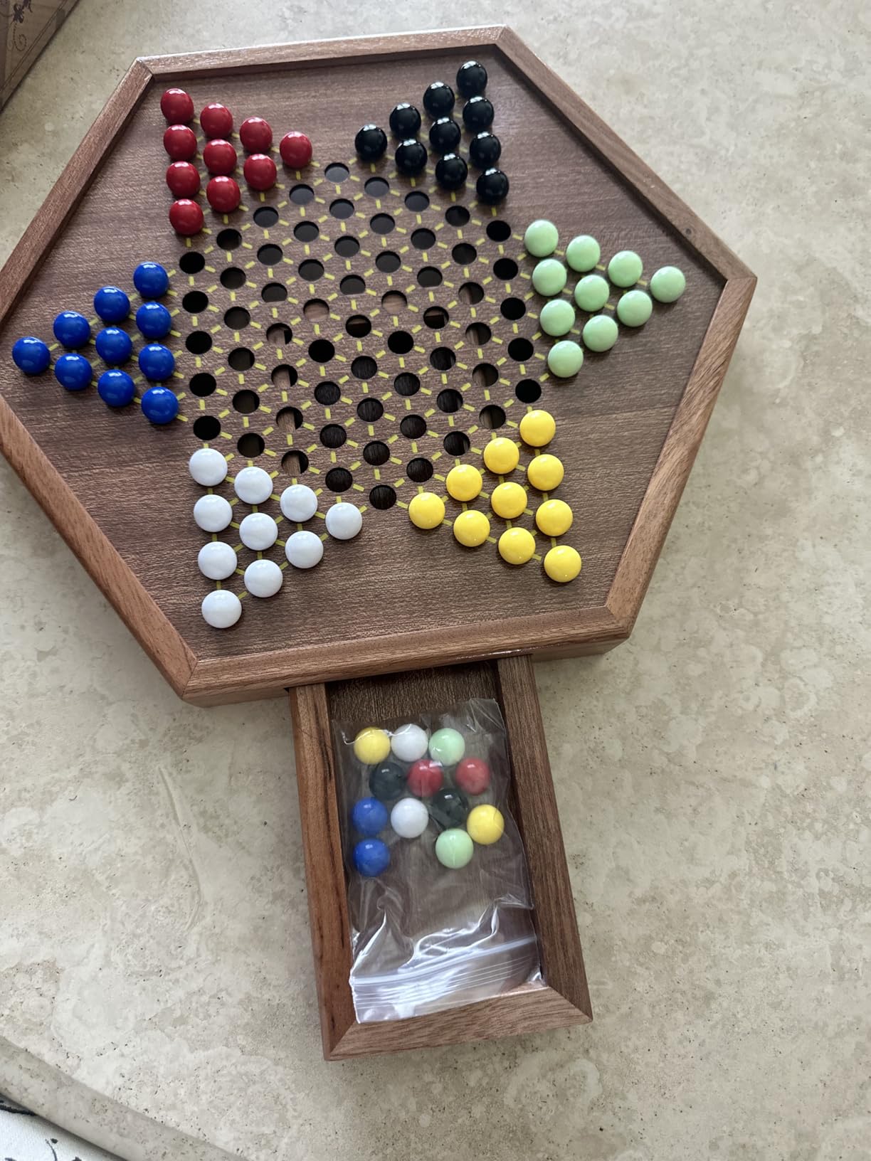AMEROUS 12.5 inches Wooden Chinese Checkers Set with Storage Drawer - 60 Acrylic Marbles in 6 Colors - 12 Bonus Spare Marbles, Classic Strategy Family Board Game for Kids and Adults customer photo 2