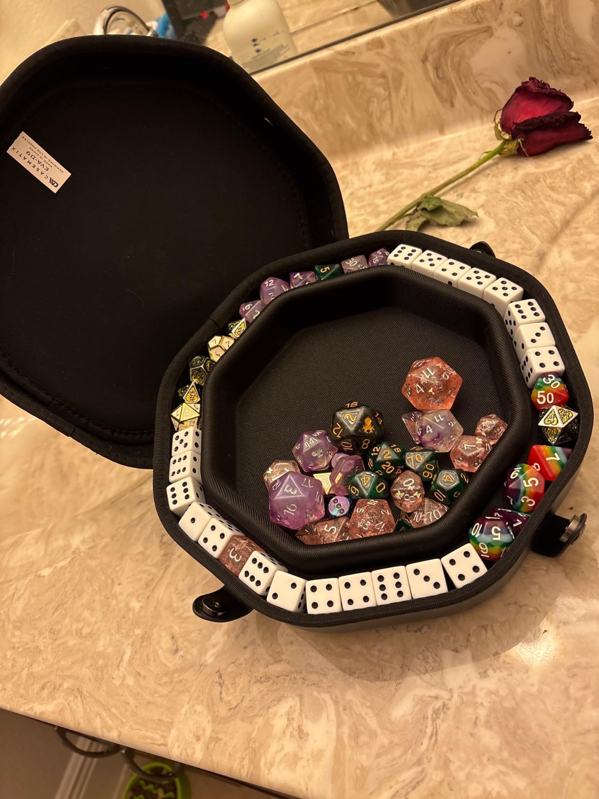CASEMATIX Dice Tray and Dice Storage Case for Up to 115 RPG Dice - Dice Tray for Rolling with Magnetic Snaps, Embossed Dragon Design and Non-Scratch Interior for Random Rolls Dice Protection customer photo 2