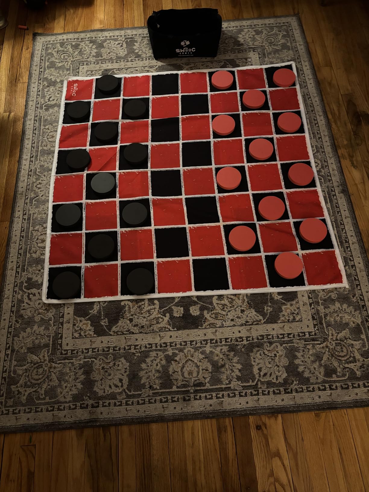 Swooc Games - 2-in-1 Vintage Giant Checkers & Tic Tac Toe Game W/Mat (4ft x 4ft) - 100% Machine-Washable Canvas - Giant Outdoor Games for Kids - Yard Game for Kids - Jumbo Lawn Set - Large Checkers customer photo 1