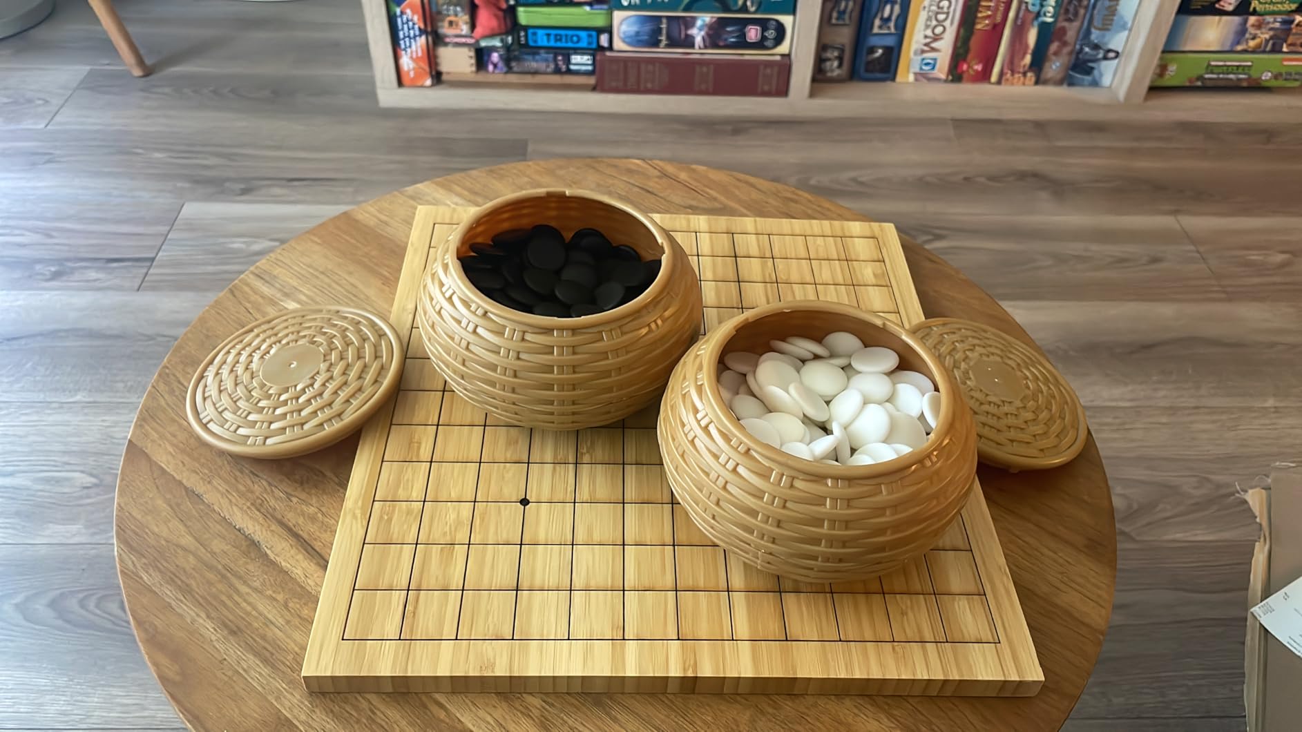 Beginner's Go Game Set with Reversible Bamboo 13 x 13/9 x 9 Grid Go Board, Bowls, & Single Convex Melamine Stones customer photo 2
