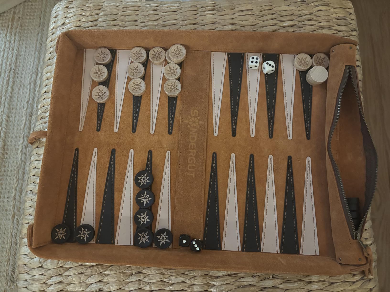 Sondergut Roll-up Portable Suede Deluxe Backgammon Game Set - Elegant Design Engraved Wood Stones Pop-Up Playing Field - Ideal for RV Travel, Cruise, Airplane, Camping, Backpacking, Road Trips customer photo 2