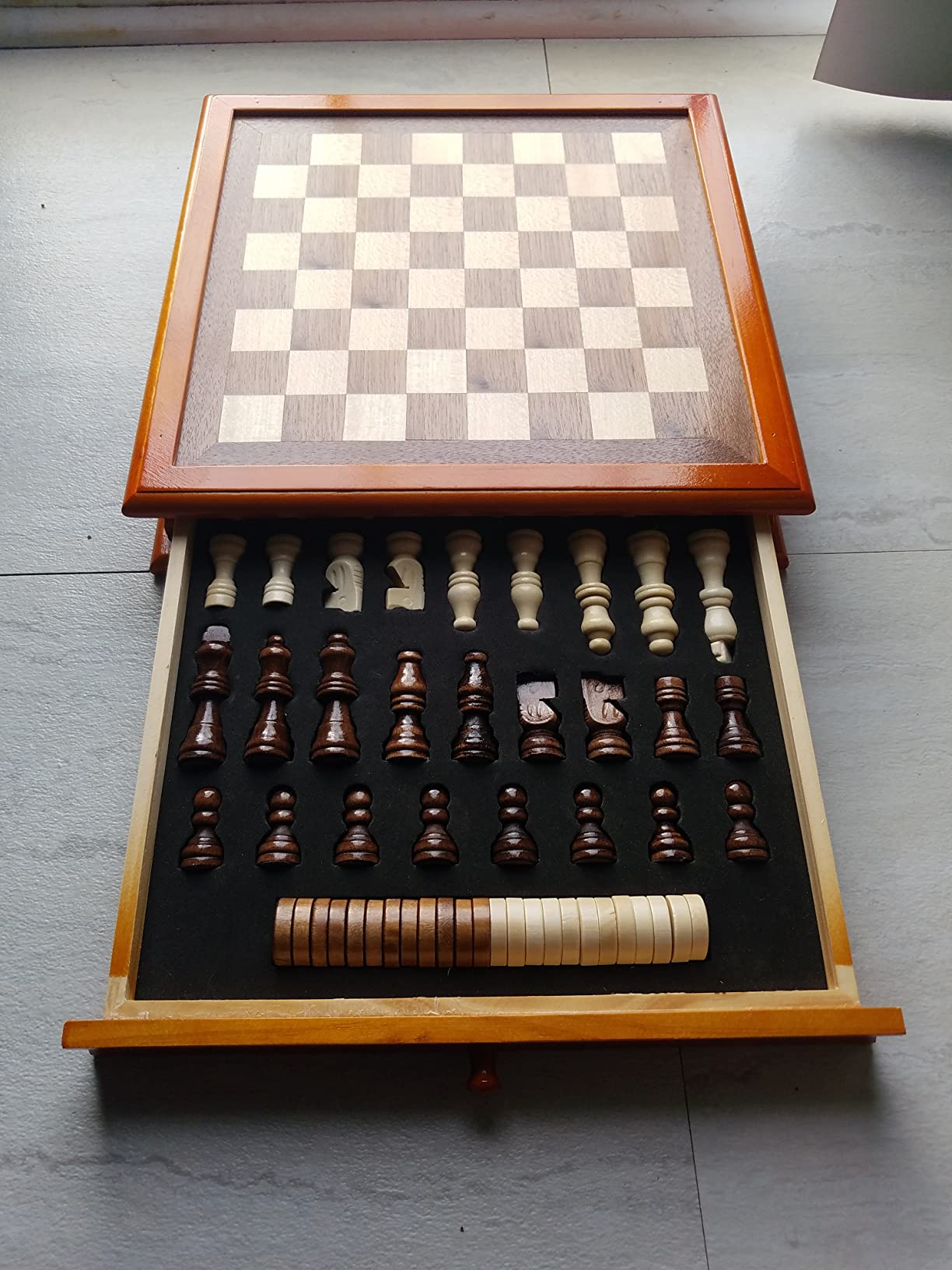 Juegoal 12-Inch Wooden Chess & Checkers Set with Storage Drawer, Portable Board Games for Kids and Adults customer photo 1