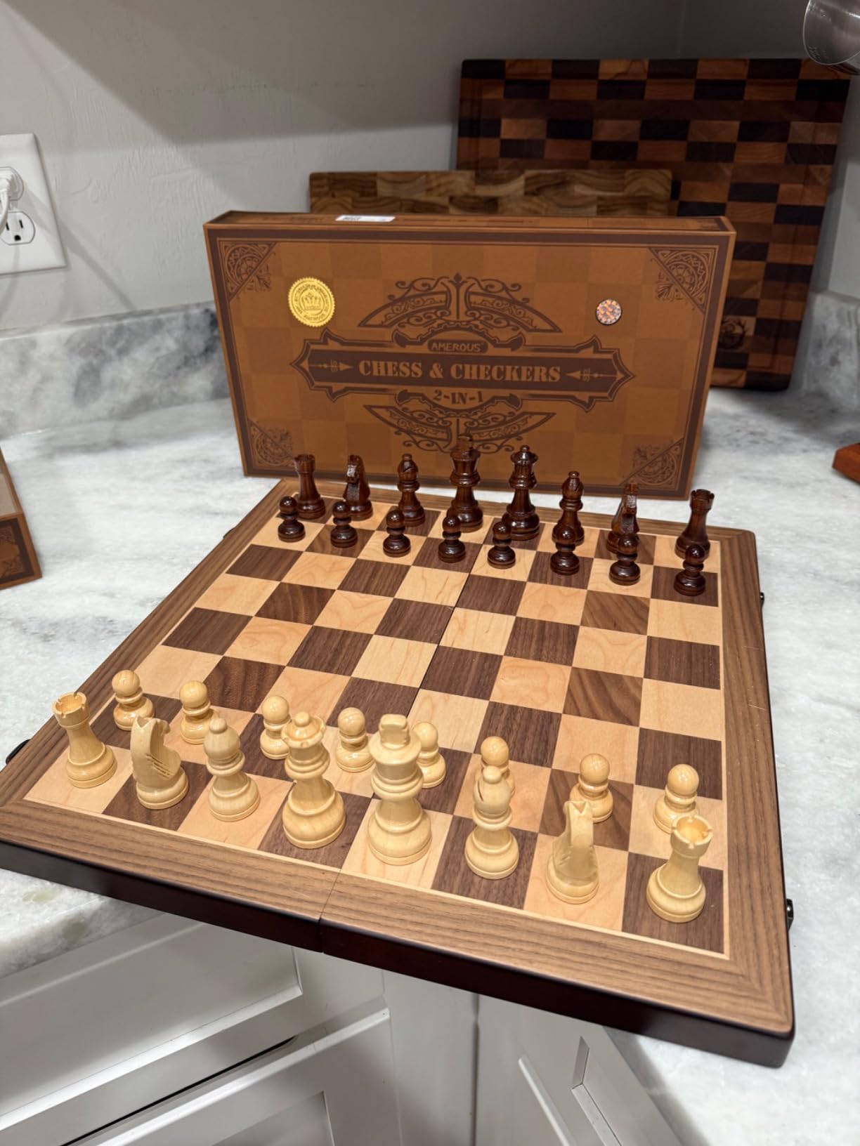 AMEROUS Magnetic Wooden Chess and Checkers Game Set, 15 Inches (2 in 1) Chess Board Games, 2 Extra Queens - Gift Package - Game Pieces Storage Slots, Beginner Chess Set for Kids, Adults customer photo 1