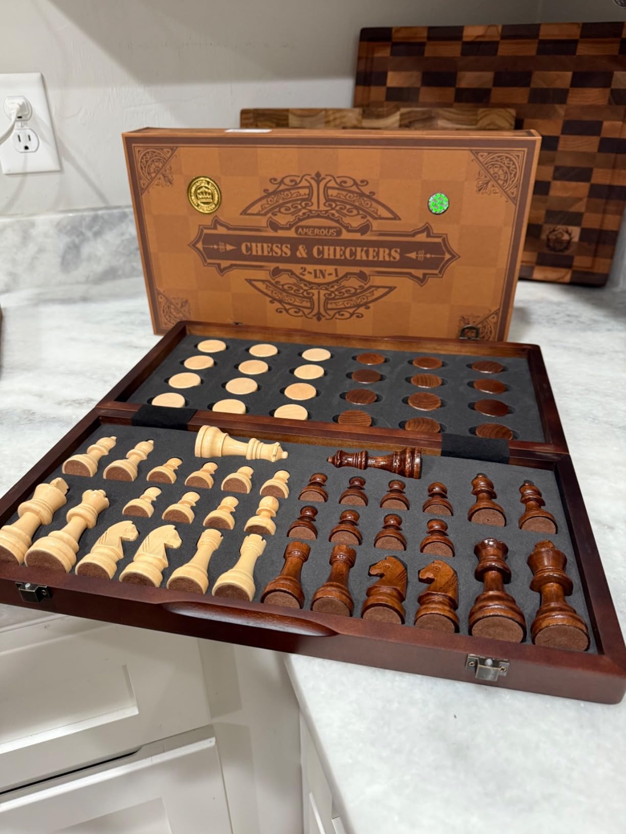 AMEROUS Magnetic Wooden Chess and Checkers Game Set, 15 Inches (2 in 1) Chess Board Games, 2 Extra Queens - Gift Package - Game Pieces Storage Slots, Beginner Chess Set for Kids, Adults customer photo 2