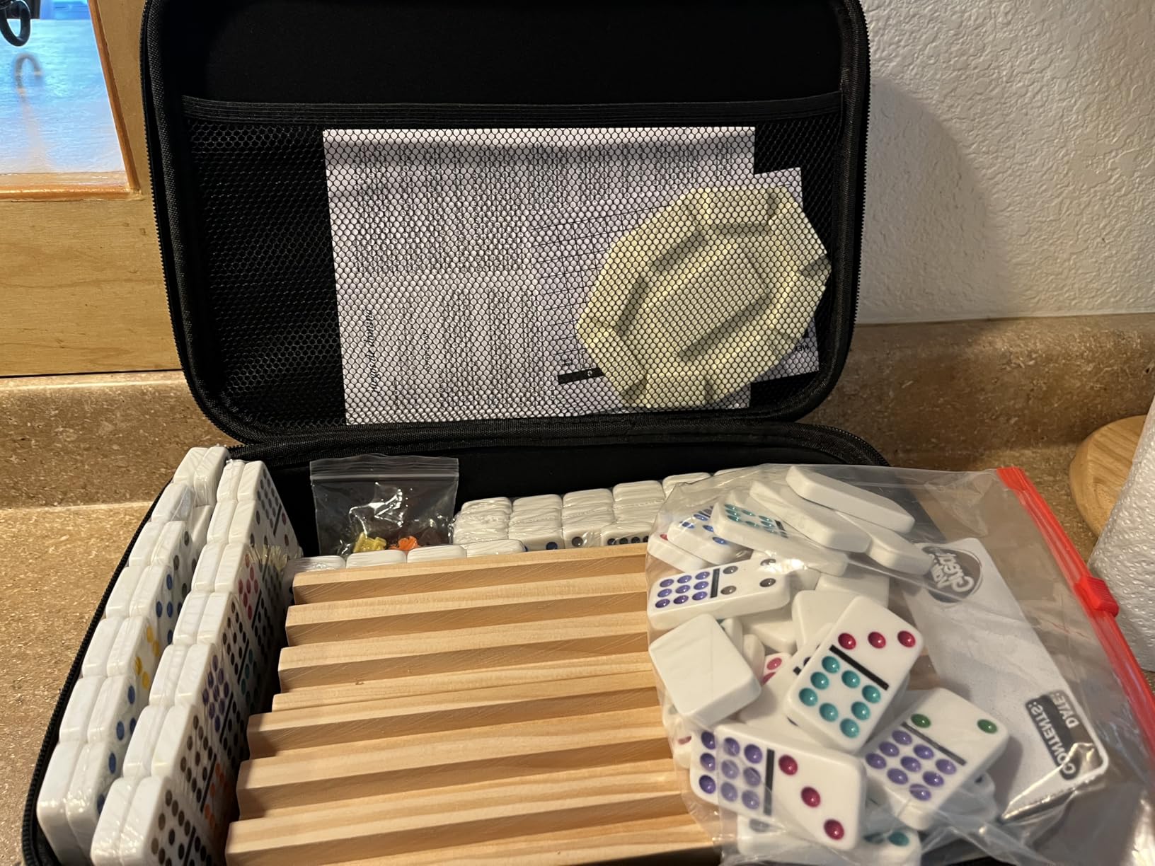 Mexican Train Dominoes Set with Numbers and 4 Wooden Trays/Racks, Double 12 Dominos Travel Set with 4 Tiles Holders, 91 Tiles Double 12 Colored Dominoes Game Set with Portable Case for Families Kids customer photo 2