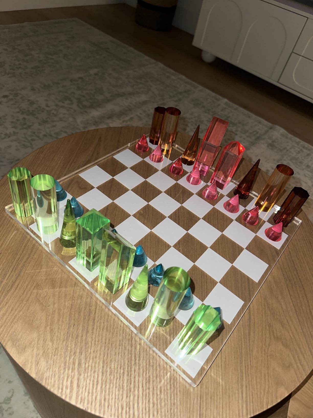 Modern Chess Set - Acrylic Chess Board with 32 Colorful Game Pieces - Unique Tabletop Decor Item with Functional Gameplay customer photo 2