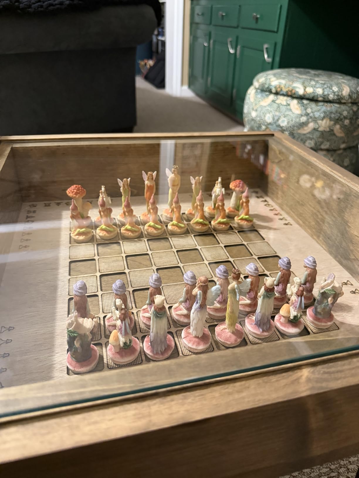 Rustic Chess and Checkers Coffee/End Table with Removable Glass Top - Full Set of Chess and Checkers Pieces Included customer photo 1