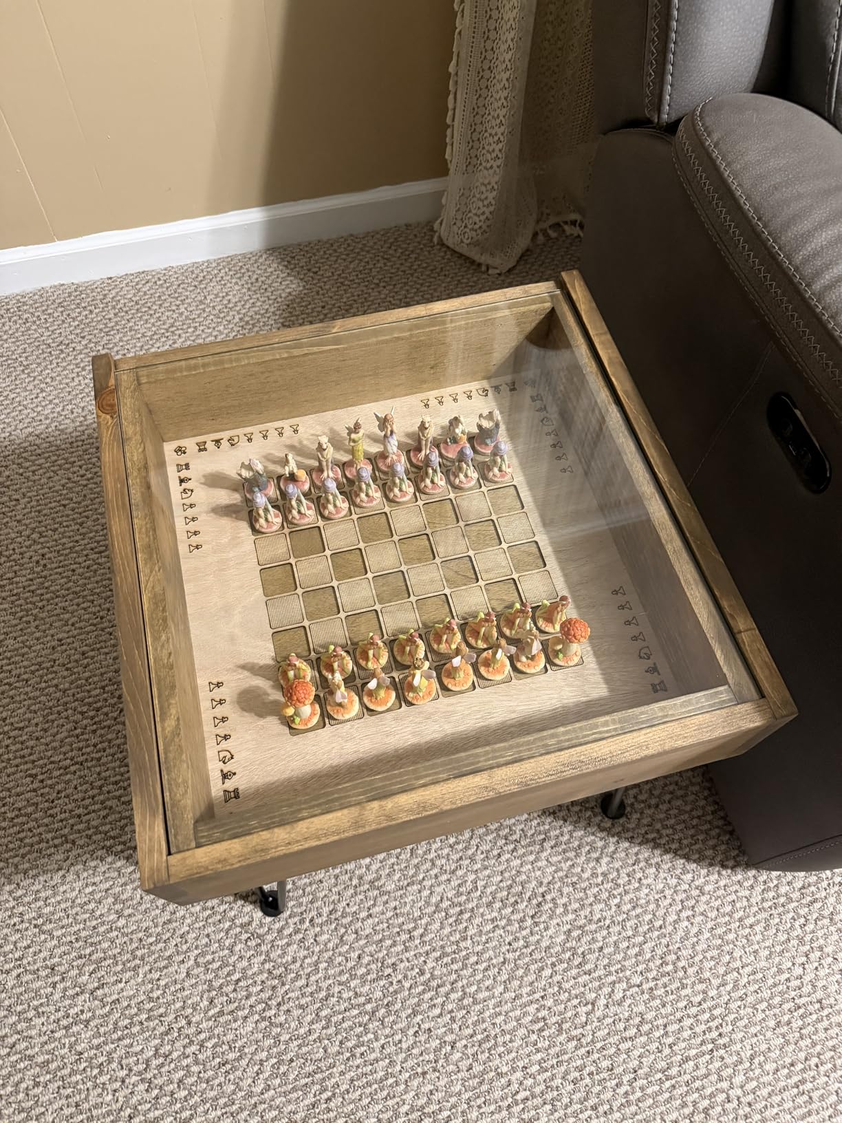 Rustic Chess and Checkers Coffee/End Table with Removable Glass Top - Full Set of Chess and Checkers Pieces Included customer photo 2