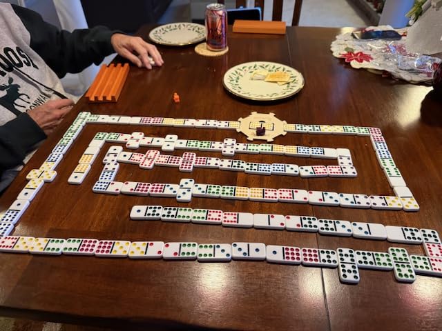 Queensell Mexican Train Dominoes Set with 8 Holders - Wooden Hub and Tiles Holders - Double 12 Tiles with Dots (D12 + 8 Holders) customer photo 2