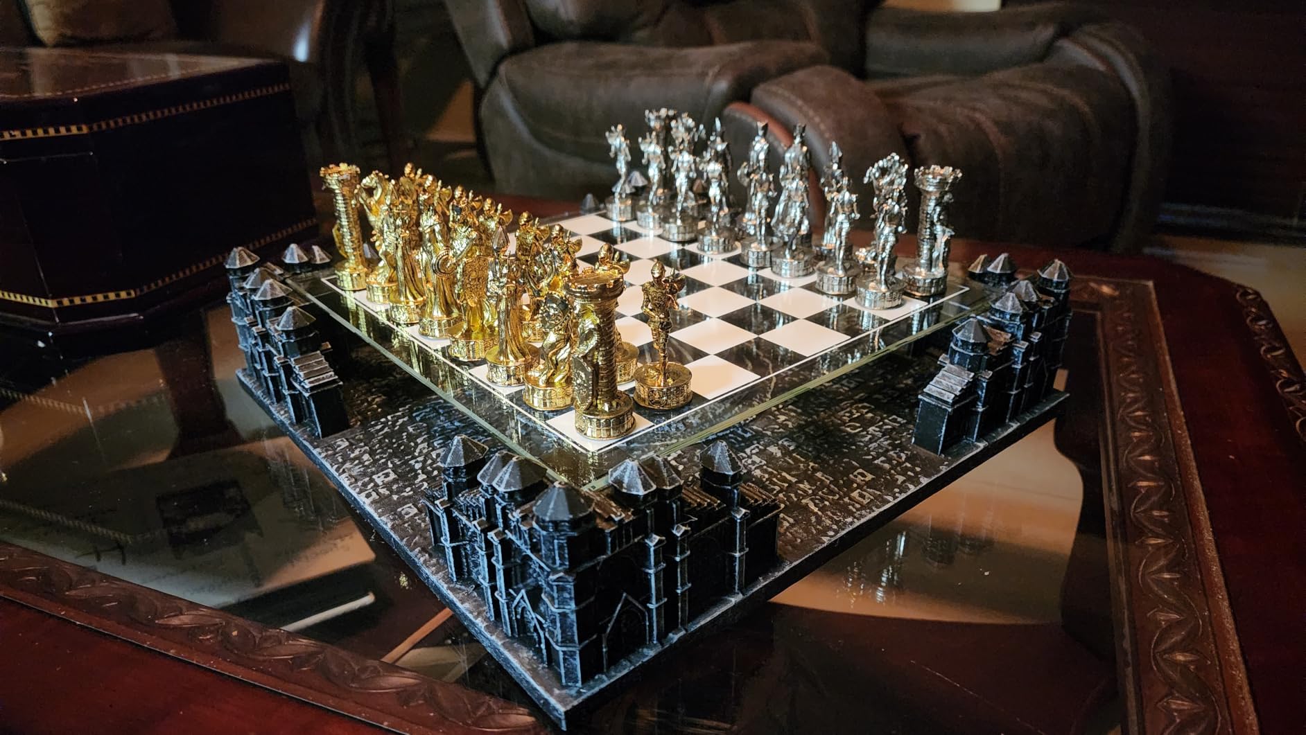 Renaissance Knight 3D Chess Set - Unique Chess Board Set - Durable Gold and Silver Metal Pieces - Tempered Glass Board and Polyresin Base customer photo 1