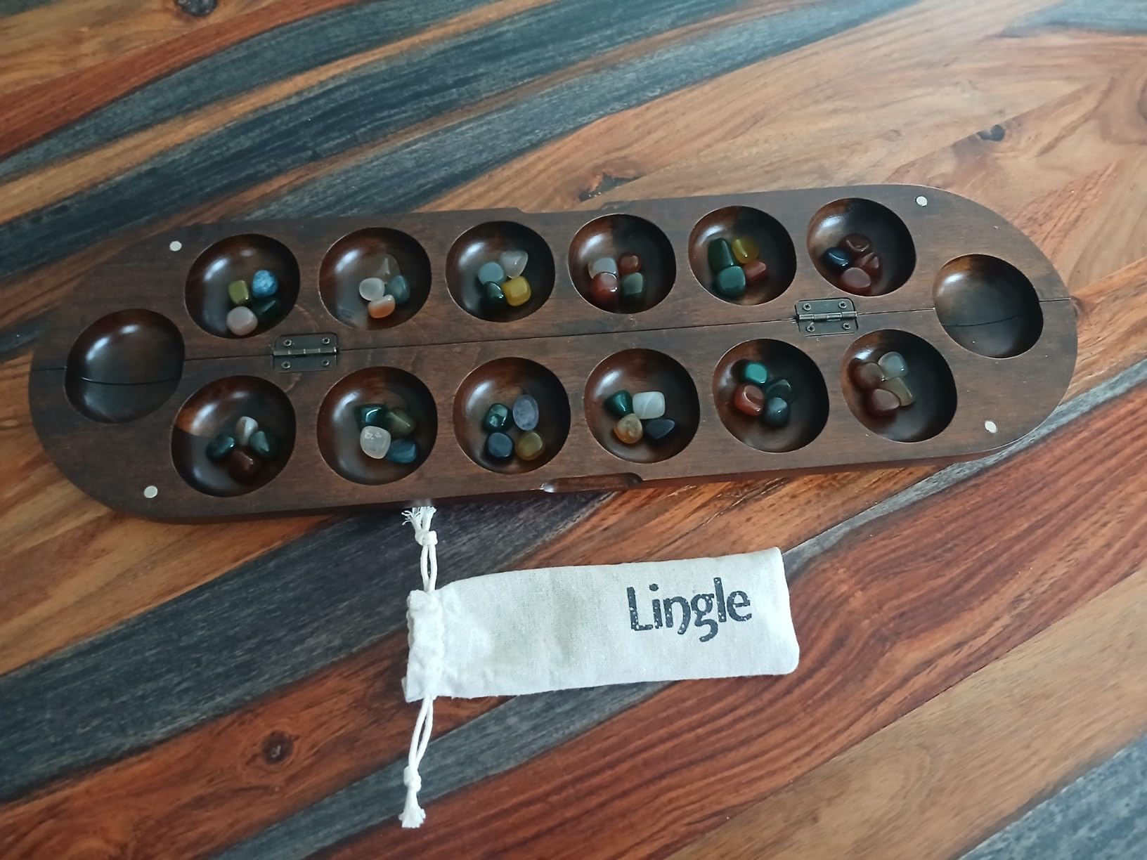21 Inch Deluxe Mancala Set: Real Wood Mancala Hinged Board with 48 Natural Multicolor Stones - Authentic African Petroglyphs, Foldable Design for 2-Player Strategy Game customer photo 1