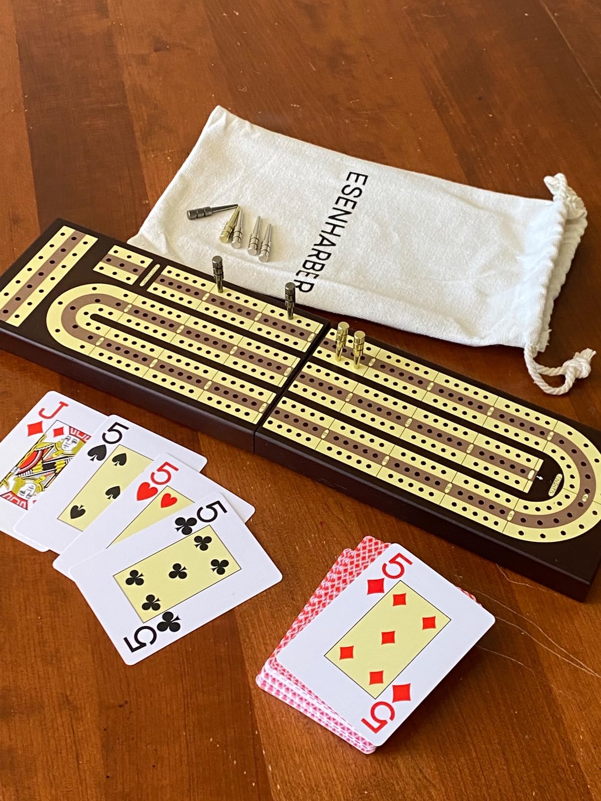 ESENHARBER Cribbage Board Game Set, Premium Wooden Board with Magnetic Lock and Metal Pegs, 2 Playing Cards, and Large Storage - Travel-Friendly Continuous 3 Track Board customer photo 1
