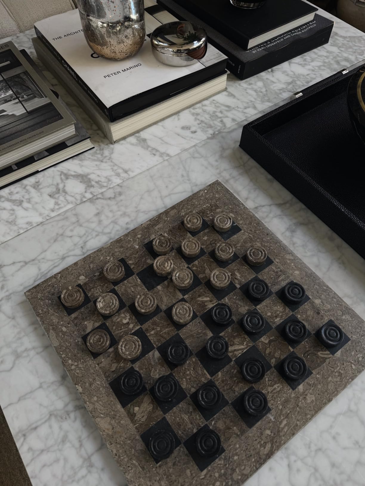 Marble Checkers Board Game 15 Inches Oceanic and Black Handmade 2-Player Tournament Checker Set, Board Game Set - Elegant for Home Decor customer photo 2