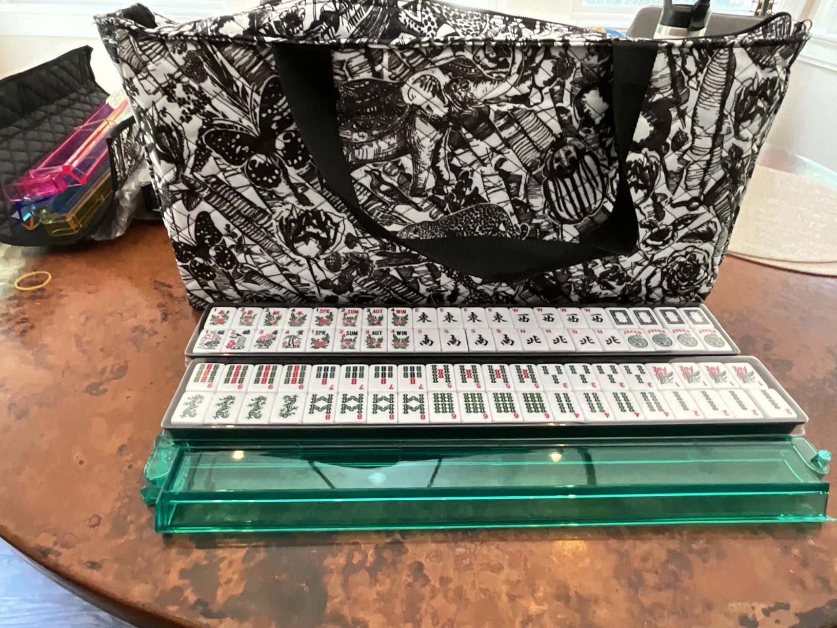 New American Mahjong Game Set, 166 Premium White Tiles with Portable Metal Dices, 4 All-in-One Racks with Pushers, Mah-Jong Games Sets (Blue) customer photo 1