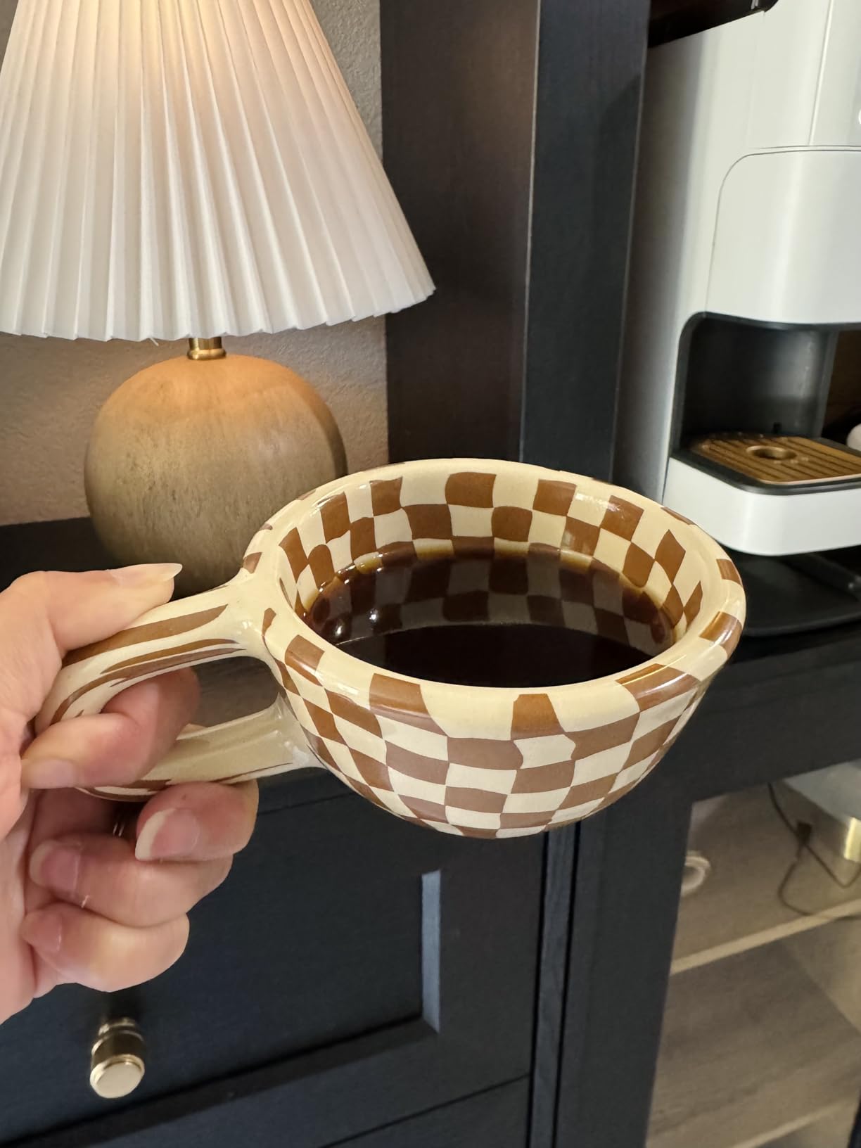 Brown Checkered Coffee Mug, 2PCS, 199.98ml, Ceramic, Chic, Reusable, Cylindrical, Holiday, Chessboard Pattern, Adult, Home, Hot Drinks customer photo 2