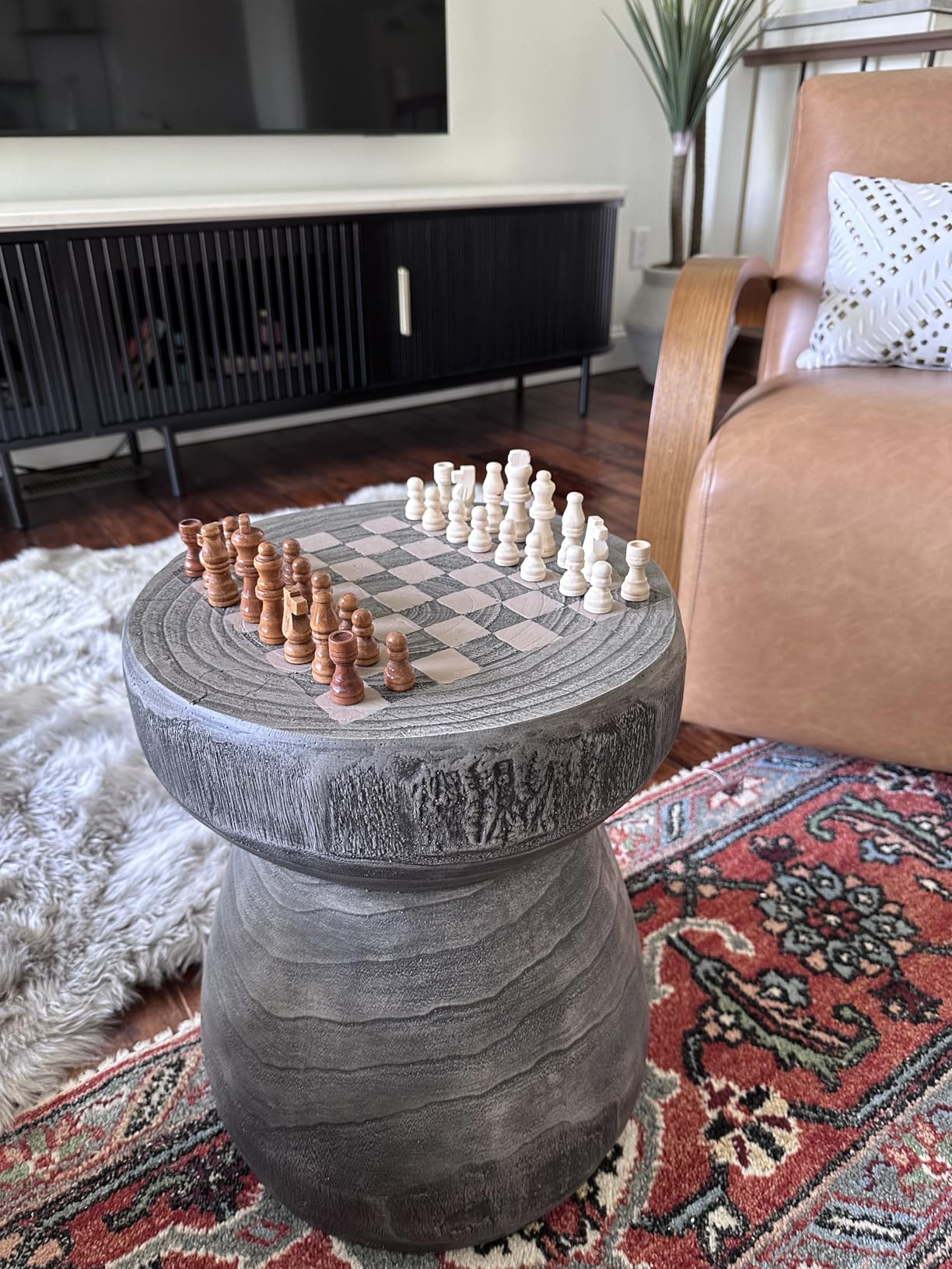 COSIEST Outdoor Side Table w Chessboard, 14'' Concrete Faux Wooden Garden Stool, Lightweight Decor Outdoor Round End Table customer photo 1