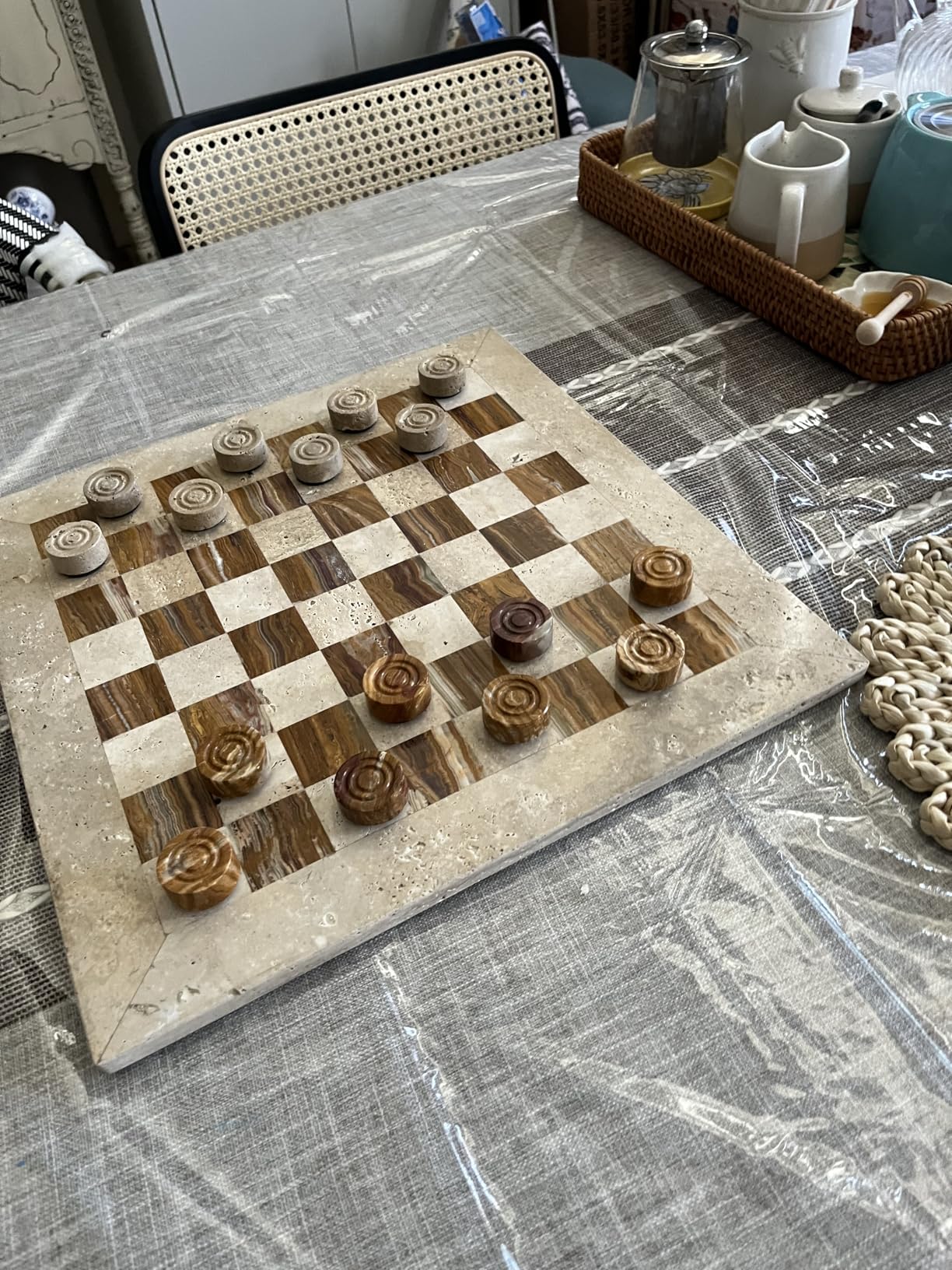 Marble Checkers Set 15 Inches Handmade Oceanic & Travertine Checkers Board Game with Checker Pieces - Board Games for Adults, Game Table Accessories, Gifts & Home Decor customer photo 1