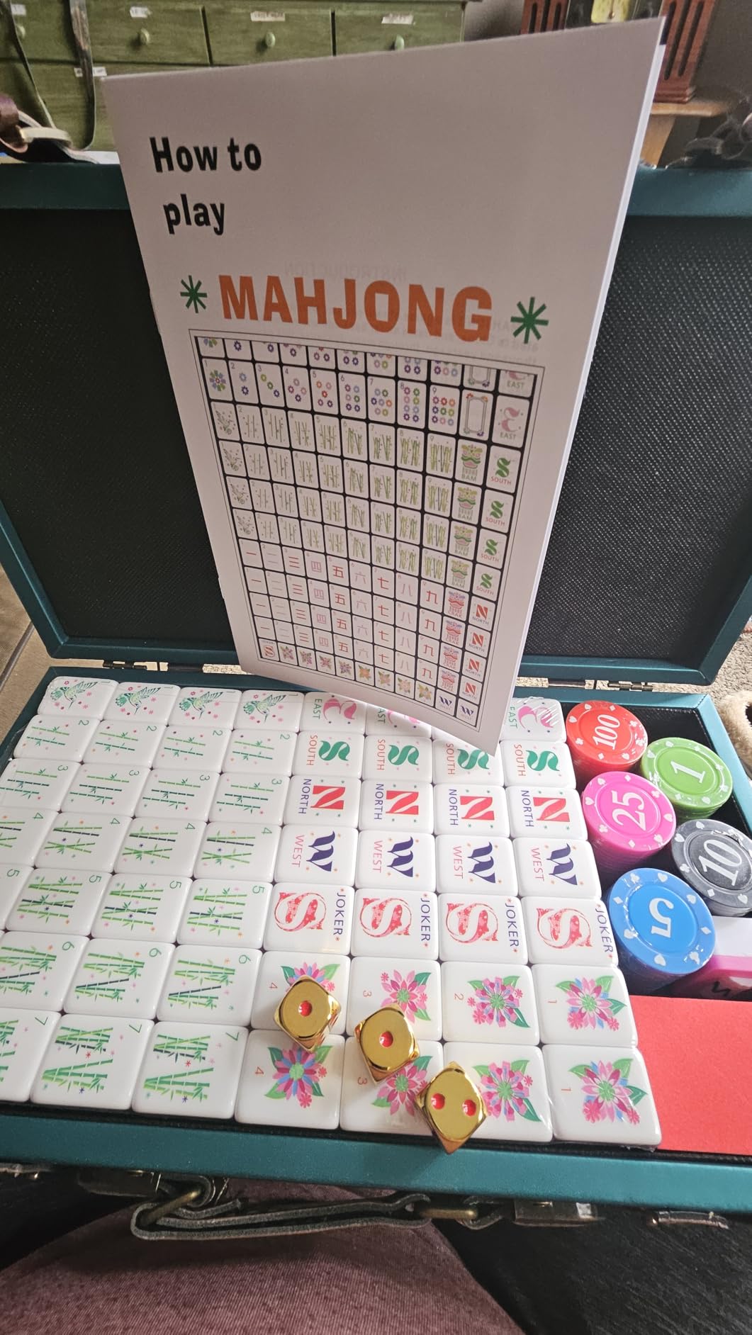 Classic American Mahjong Tile Set, 166 Creative Design 4-Layer Colorful Acrylic Carved Tiles, 100 Chips, 3 Golden Dice, Vintage Classic Leather Portable Travel Case customer photo 1