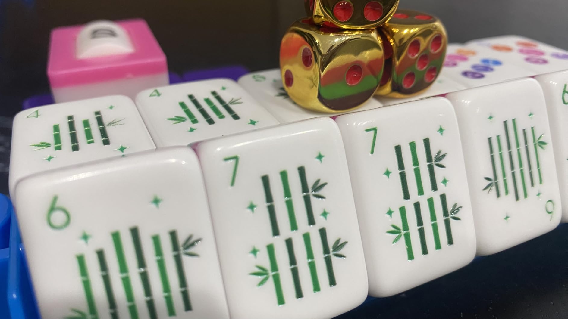 American Mahjong Tile Set - 160 Acrylic Tiles with 4 All-in-One Mahjong Tile Racks & Pushers, 12 Zodiac Designs, 4-Layer Colors, 100 Chips, 3 Golden Dice, Vintage Leather Portable Case customer photo 2