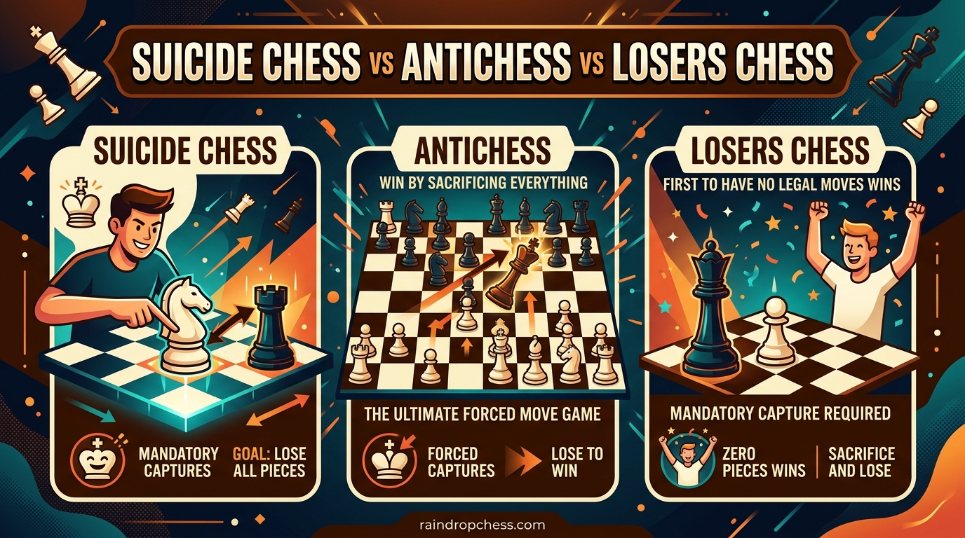 Suicide Chess vs Antichess vs Losers Chess