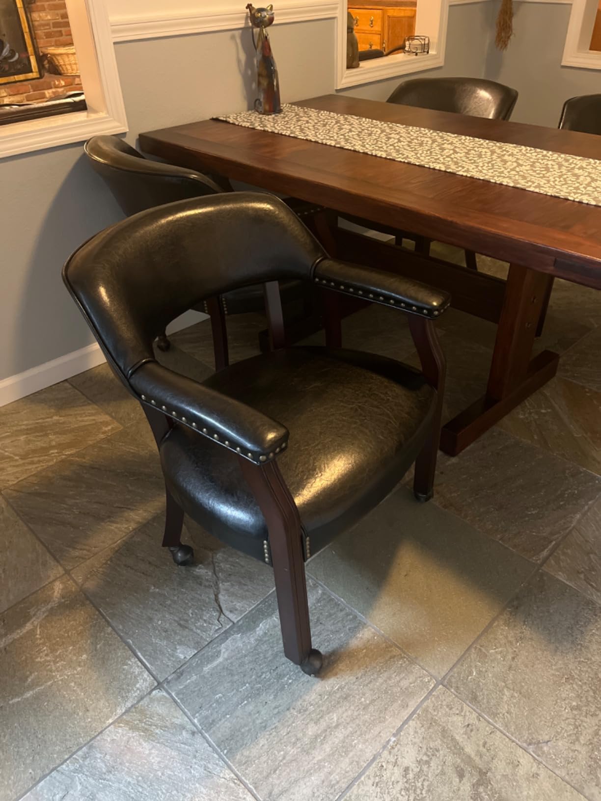 Steve Silver Furniture Tournament Arm Dining Chair with Casters, Upholstered w/Nailhead Trim, for Living Room, Dining Room, Vegan Leather, 18-Inch Seat Height, 25