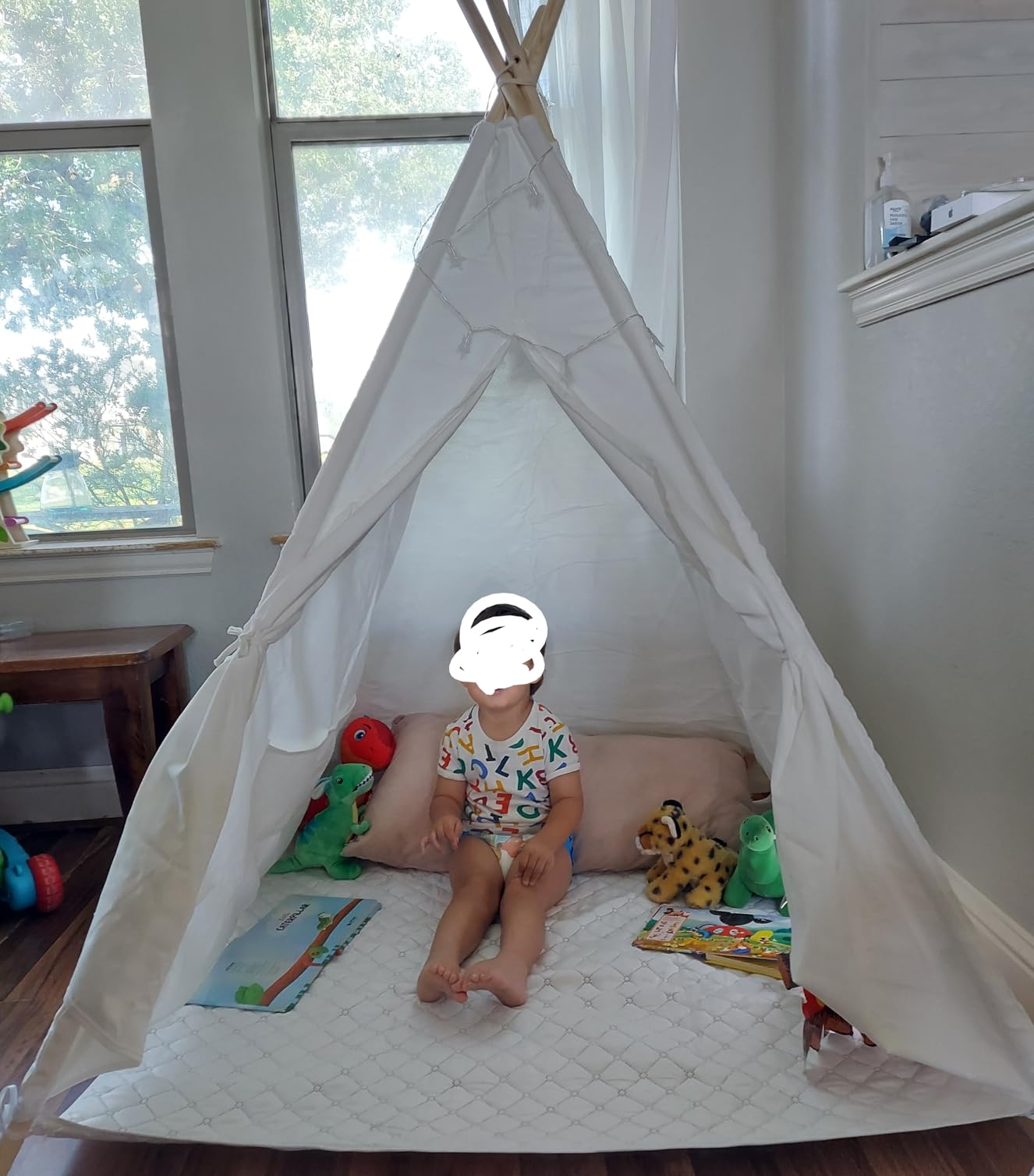 Little Dove Teepee Tent for Kids Foldable Teepee Play Tent with Carry Case, Banner, Fairy Lights, Olive Branches, Four Poles Style Raw White Color customer photo 1