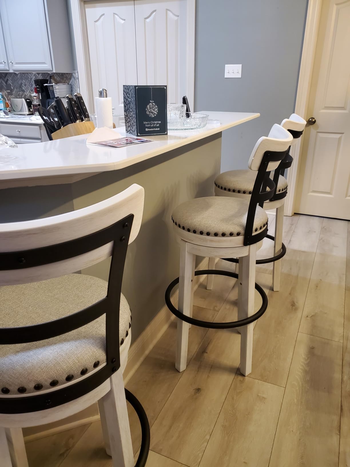 Signature Design by Ashley Caitbrook Swivel Barstool, Counter Height Stool with Back, Solid Wood Frame, Antiqued Gray Wash Finish, Gray Fabric Seat, Barstool for Kitchen Island or Bar customer photo 2