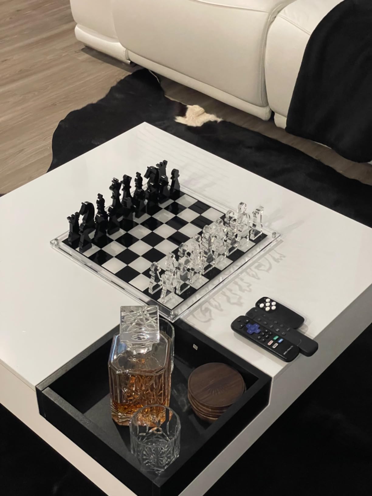 Bey-Berk Charlie Acrylic Chess Set, 28-Piece Clear and Black Lucite Pieces with 14
