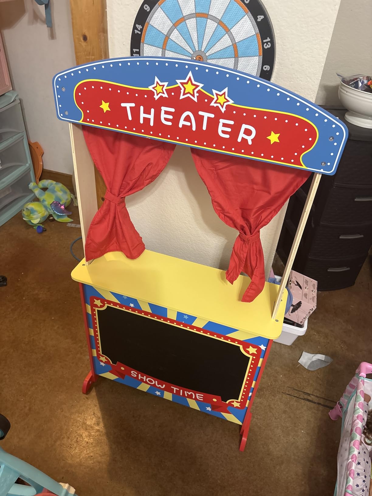 Rundad Wooden Puppet Theater Bonus 2 Hand Puppet, Double-Sided Lemonade Stand & Puppet Show Theater for Kids, Wood Deluxe Children Puppet Theatre Toy with Chalkboard customer photo 2