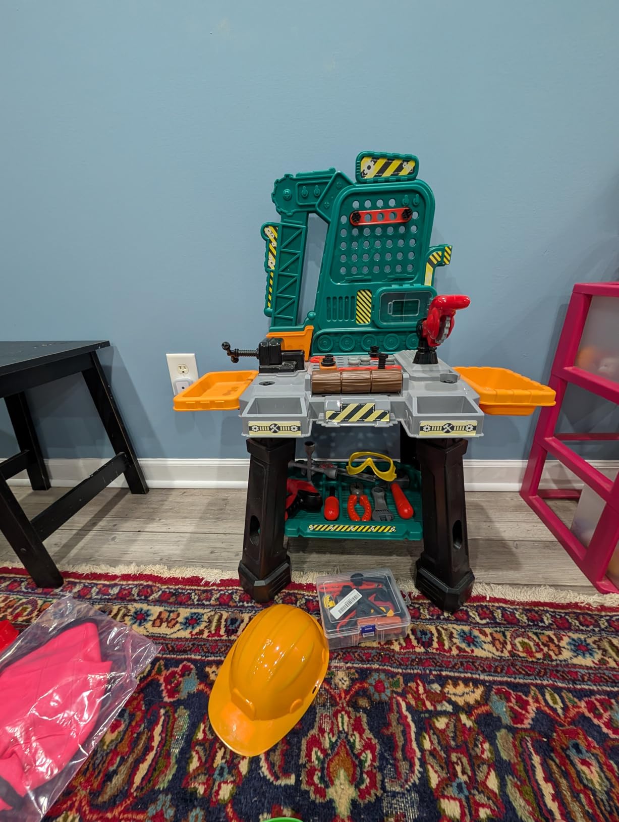 Amazon Basics Kids Workbench Construction Toy, Pretend Play Tool Set with 80 Pieces, Educational Interactive Playset, Play Helmet & Safety Goggles, for Ages 3 and Up, Multicolor, Medium customer photo 2