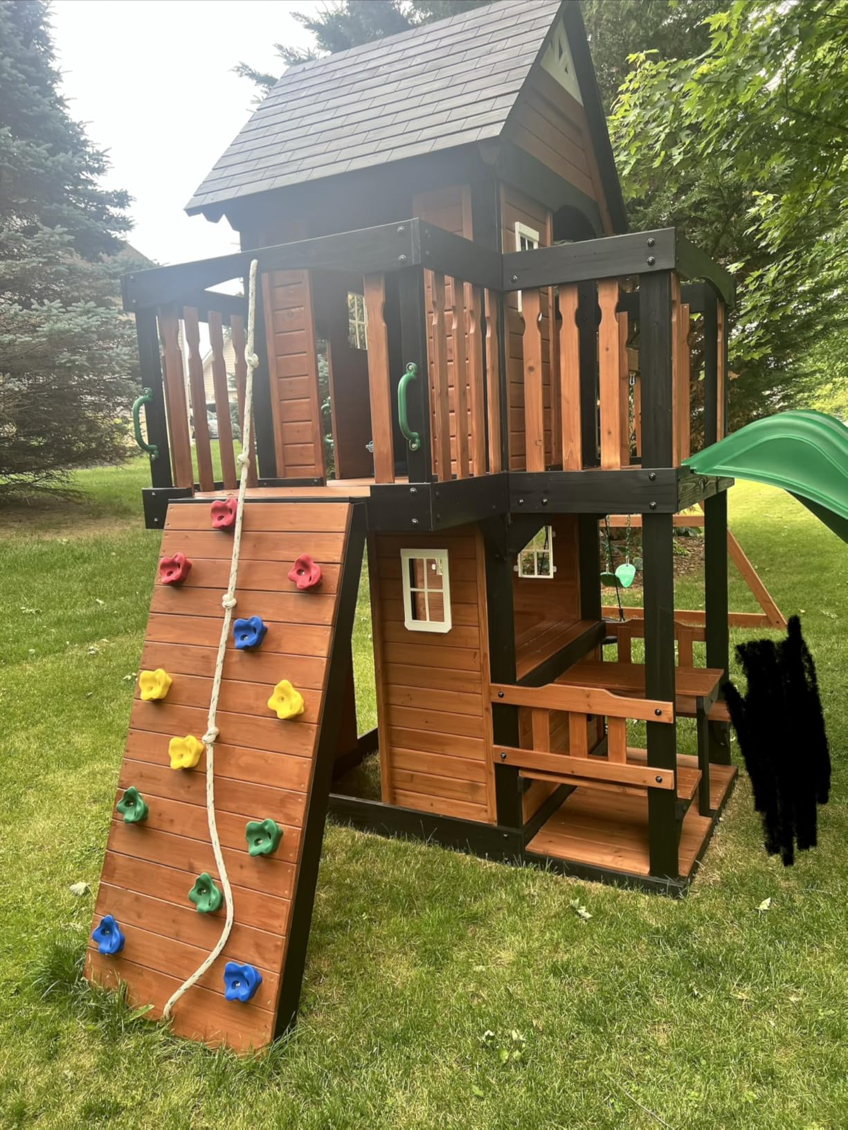 Backyard Discovery Canyon Creek Cedar Wood Swing Set with Wave Slide, Clubhouse, Play Kitchen, Picnic Area, Belt Swings, Web Swing, Rock Wall, Balconies, Playhouse, Step Ladder, Outdoor Playset customer photo 2