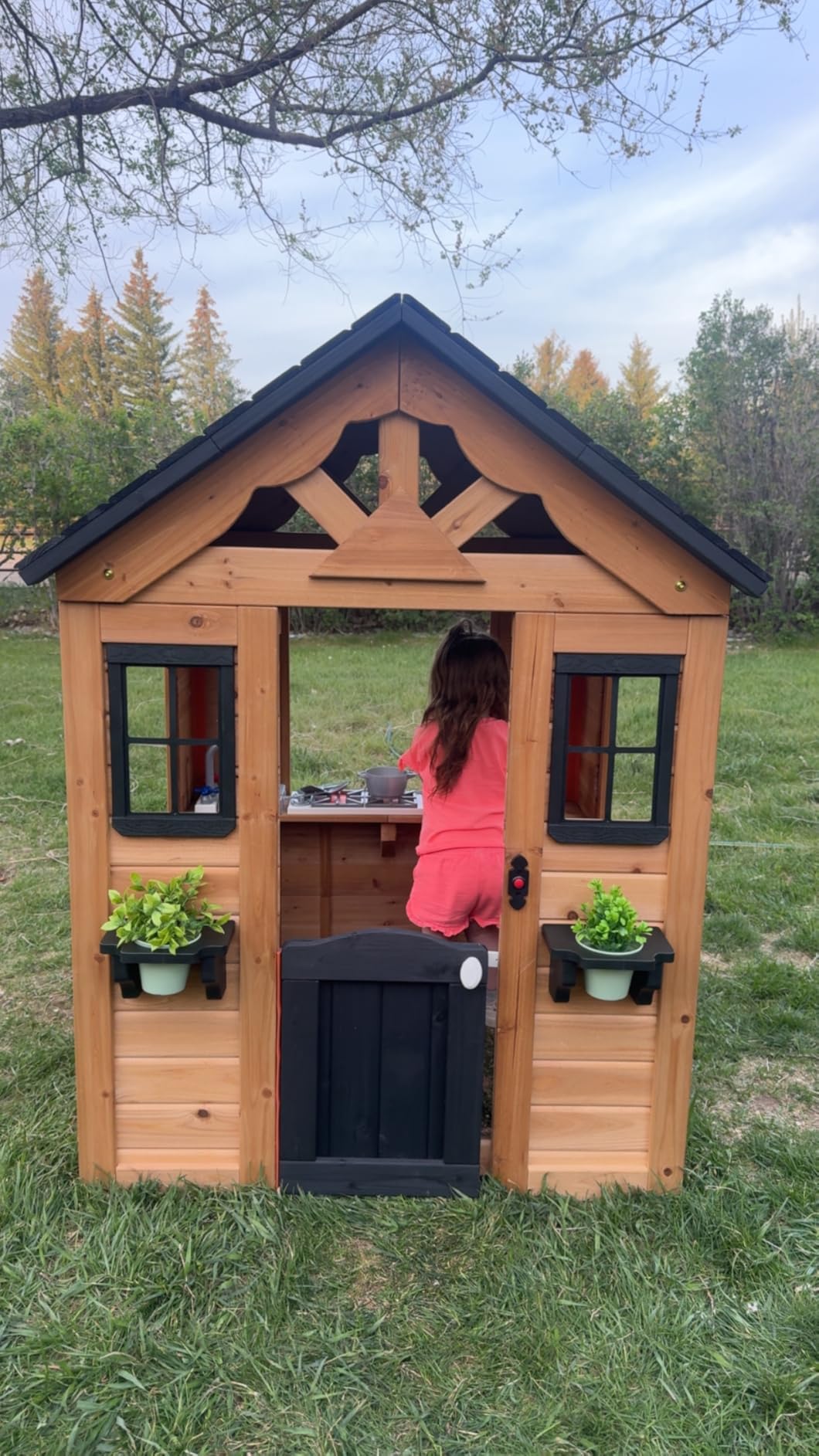 Backyard Discovery Sweetwater White Cedar Wooden Kids Playhouse Cottage with Play Kitchen, Snack Bar, Half Door, Toy Phone, Windows, Flowerpot Holders, Working Doorbell for Outdoor Imaginative Play customer photo 1