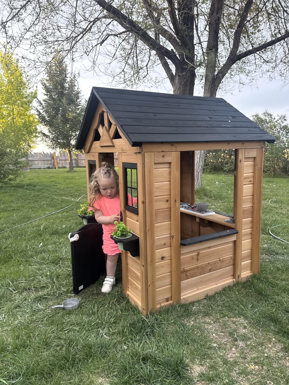 Backyard Discovery Sweetwater White Cedar Wooden Kids Playhouse Cottage with Play Kitchen, Snack Bar, Half Door, Toy Phone, Windows, Flowerpot Holders, Working Doorbell for Outdoor Imaginative Play customer photo 2