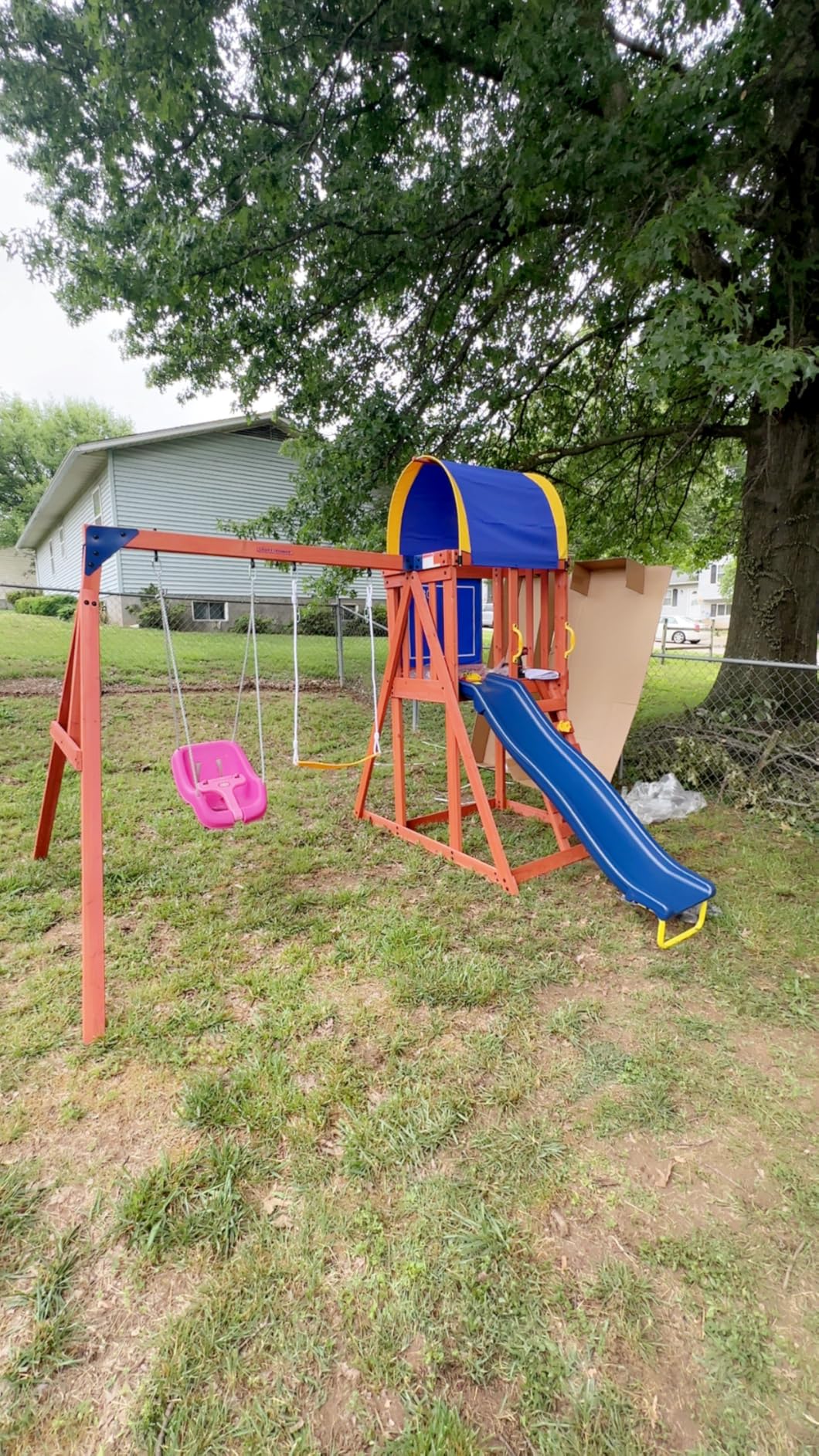Sportspower Augusta Cedar Wooden Swing Set with Heavy Duty A-Frame & 6ft Double Wall Slide, Bonus Anchor Kit Included customer photo 2