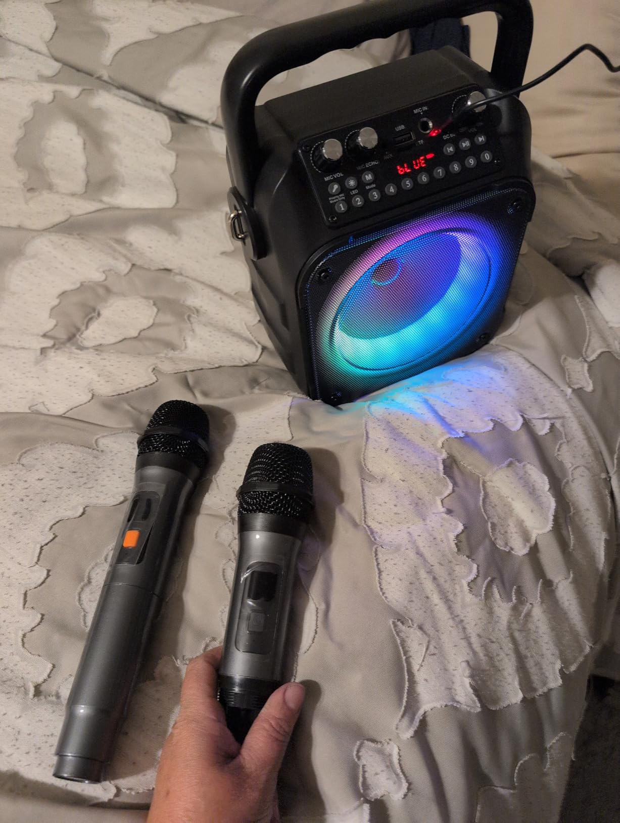 Karaoke Machine, Portable Bluetooth Speaker with 2 Wireless Microphones for Adults & Kids with Lights, PA System Supports USB/TF/REC/FM/AUX for Home Party customer photo 1
