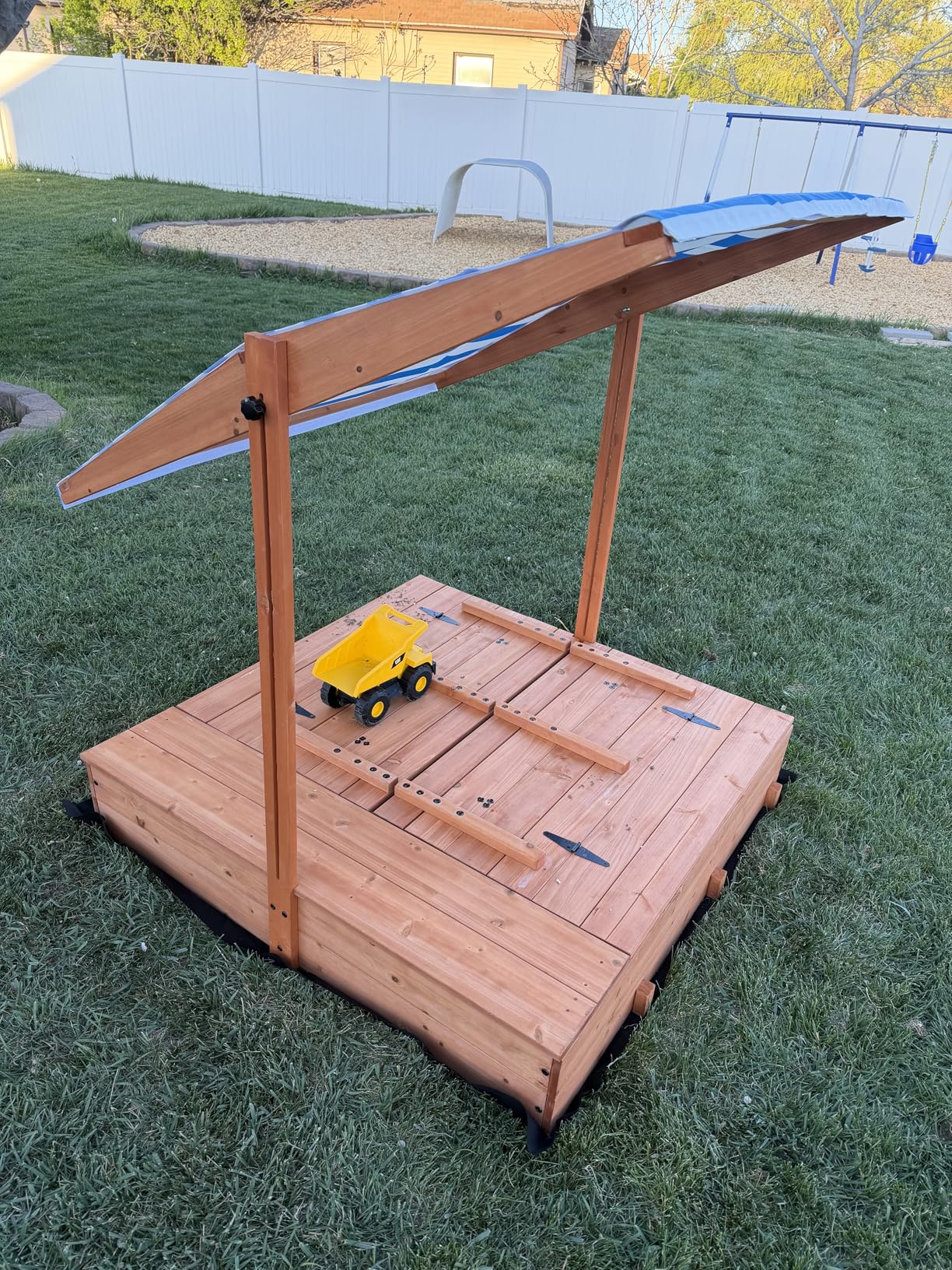 Kids Wooden Outdoor Sandbox with Cover, Sand Boxes with Canopy and Foldable Storage Bench Seats, Sand Table with Protection Bottom Liner,Kids Play Equipment for Outdoor(47X47Inch) customer photo 1
