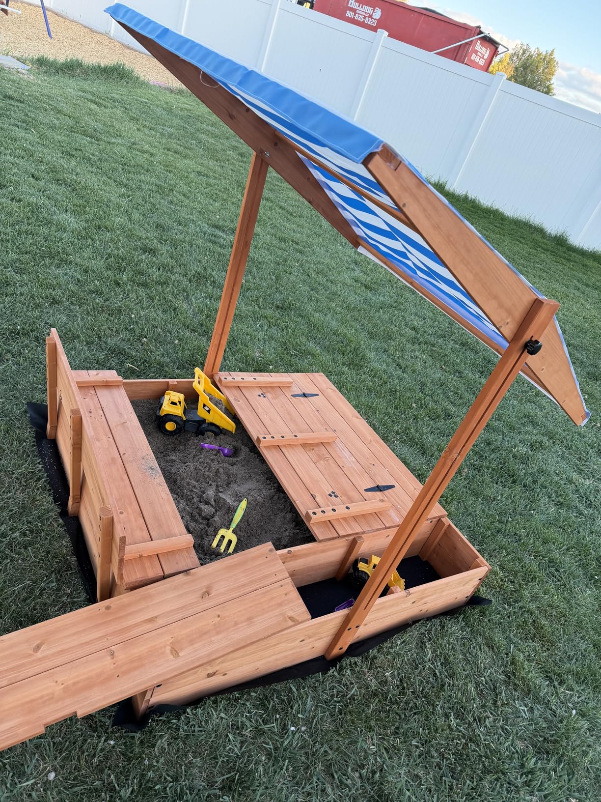Kids Wooden Outdoor Sandbox with Cover, Sand Boxes with Canopy and Foldable Storage Bench Seats, Sand Table with Protection Bottom Liner,Kids Play Equipment for Outdoor(47X47Inch) customer photo 2