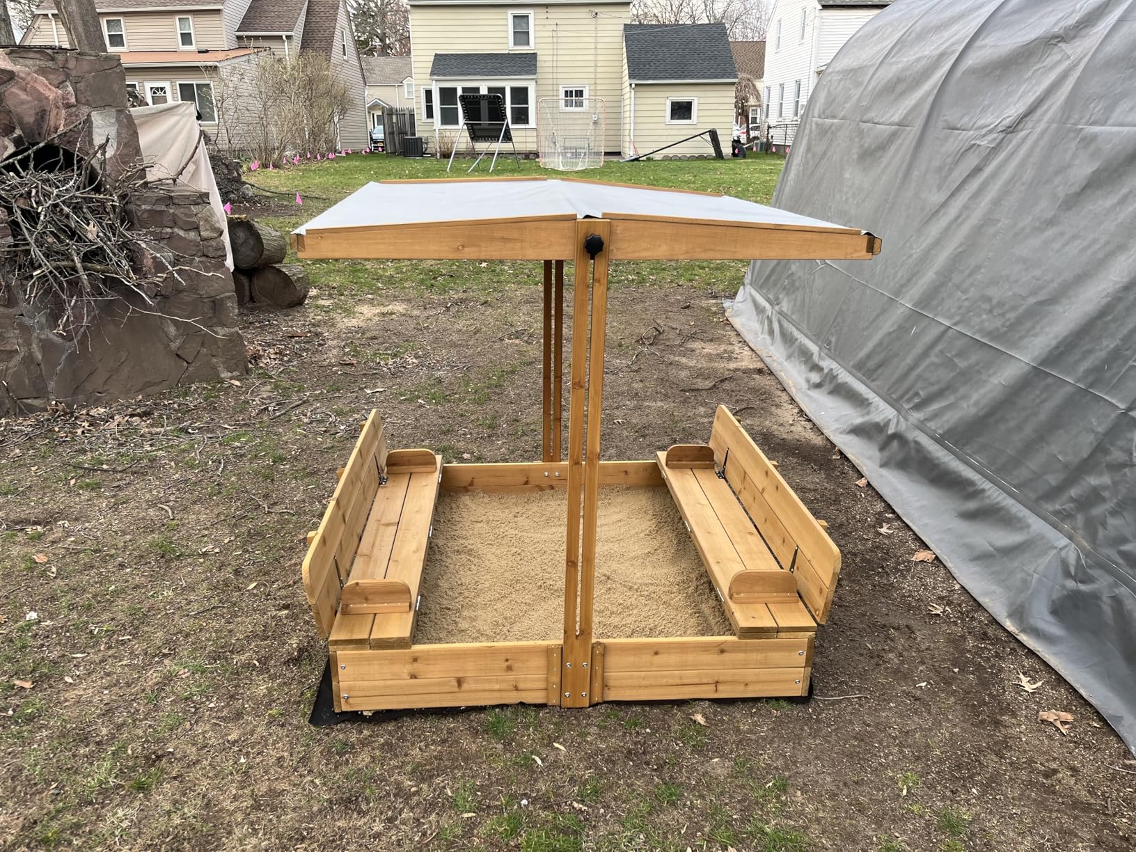 Kids Sand Box with Cover, Wooden Outdoor Sandbox with Lid, Foldable Bench Seat/Adjustable Canopy, UV-Protection & Natural Wood, Sand Box for Kids Ages 2-8 (47x47in) customer photo 1