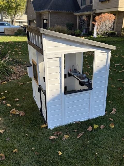 Backyard Discovery Caraway Cottage Cedar Wooden Kids Playhouse with Play Kitchen, Chalkboard, Mailbox, Half Door, Windows, Flower Box, Modern Farmhouse Design for Outdoor Imaginative Play customer photo 1