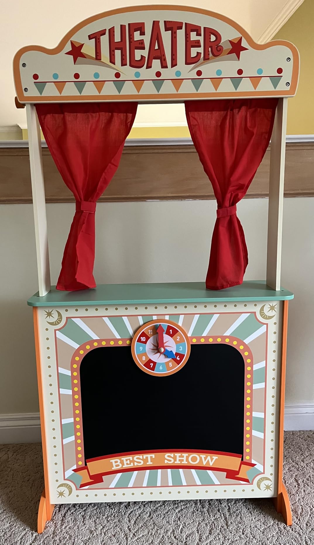 labebe Deluxe Wooden Puppet Theater Bonus 2 Hand Puppet, 2-in-1 Clock Theater Reversible Play Store, Double-Sided Lemonade Stand, Puppet Show Theater Toy with Chalkboard for Kids 36M+ customer photo 2